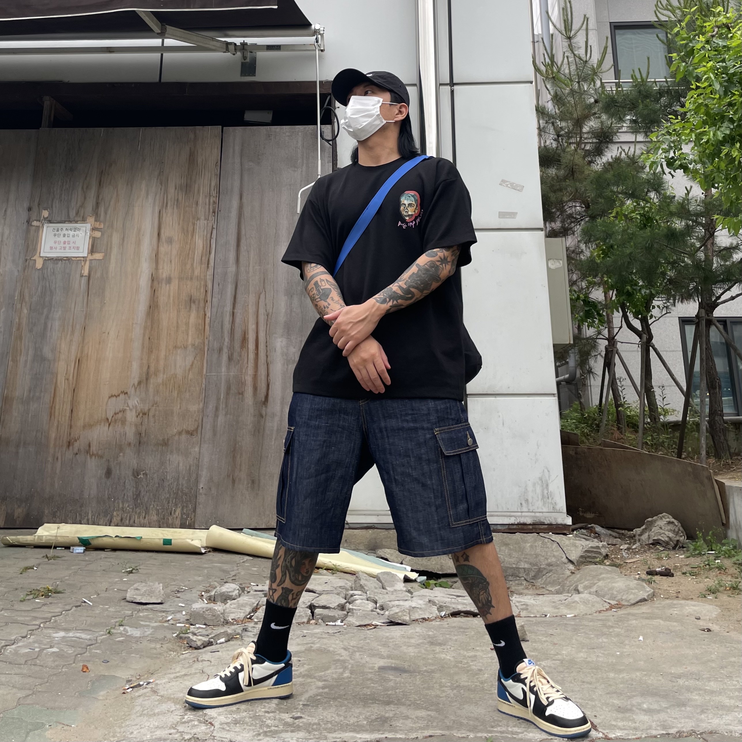 Jordan 1 x Travis Scott x Fragment Retro Low OG SP Military Blue, Supreme Waxed Cotton Camp Cap Black - 21FW 착용 스타일 - 2