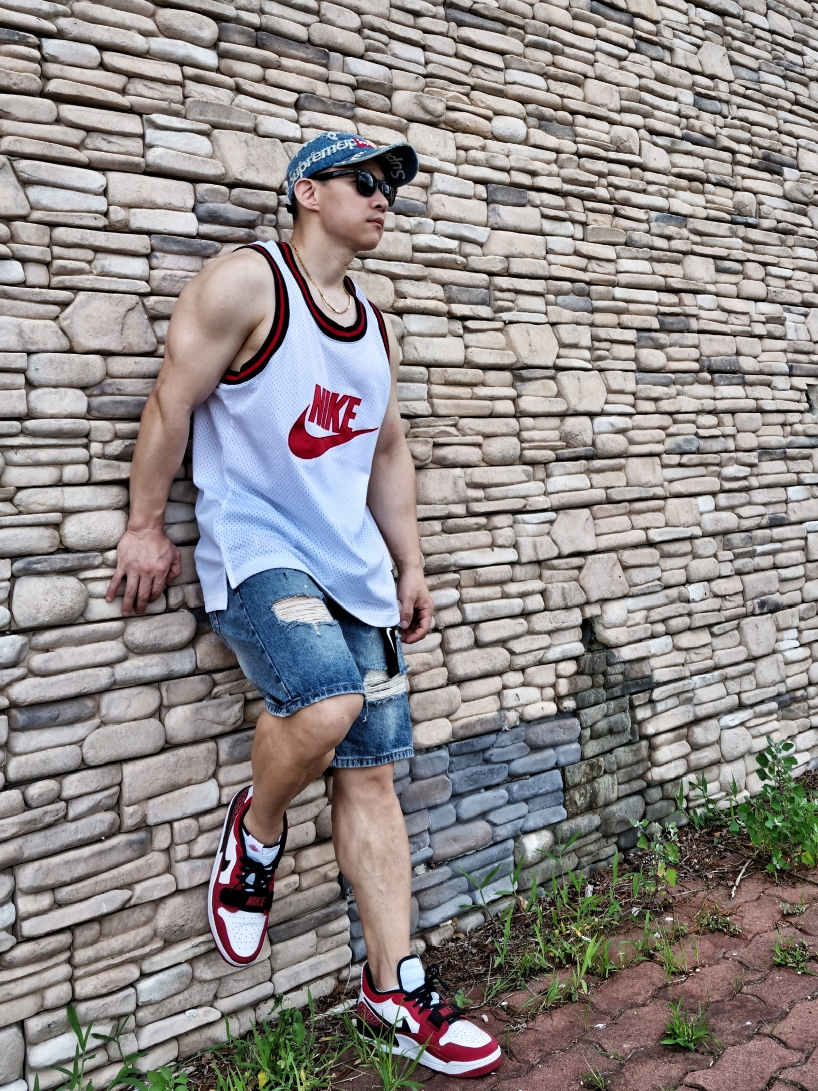 Jordan Legacy 312 Low Chicago 2022, Supreme Frayed Logos Denim Camp Cap Blue - 21SS 착용 스타일 - 3