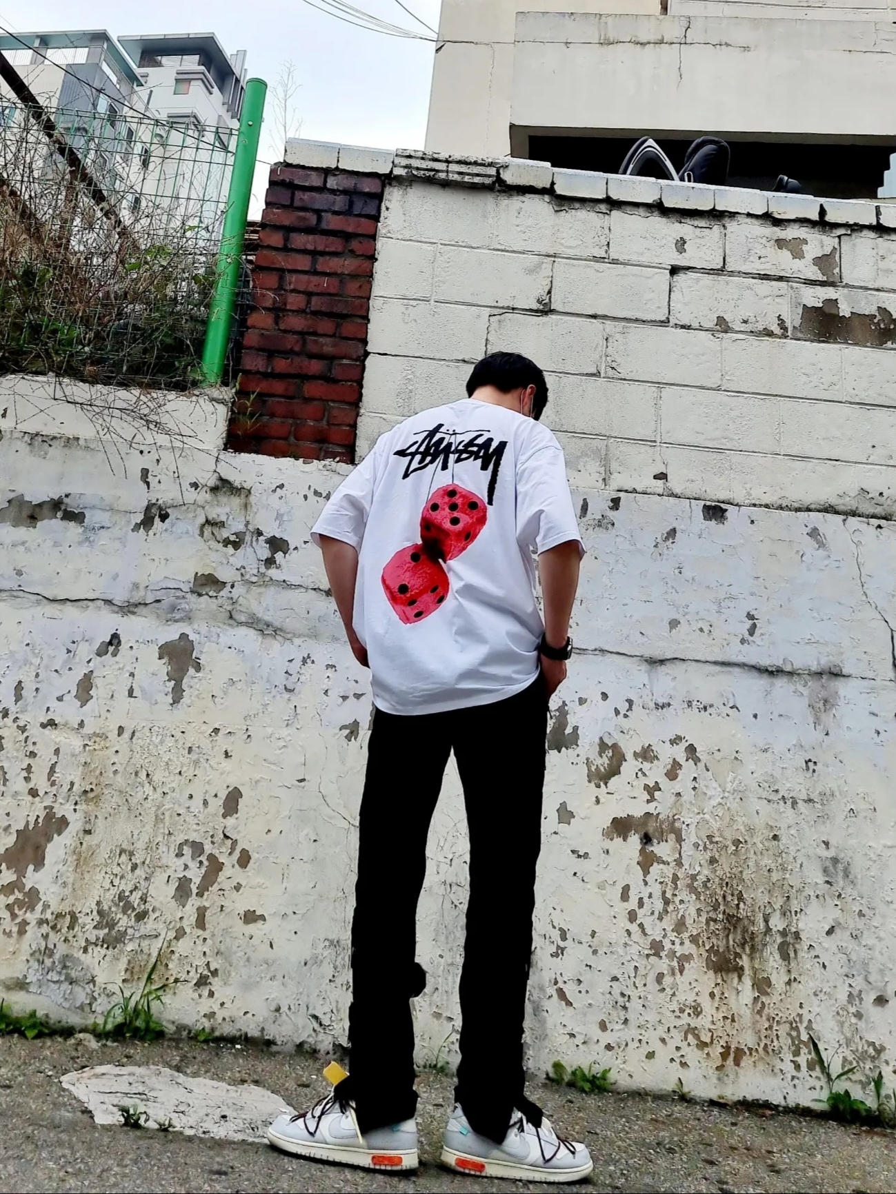 Stussy Fuzzy Dice T-Shirt White, Nike x Off-White Dunk Low The 50 - Lot 46 착용 스타일