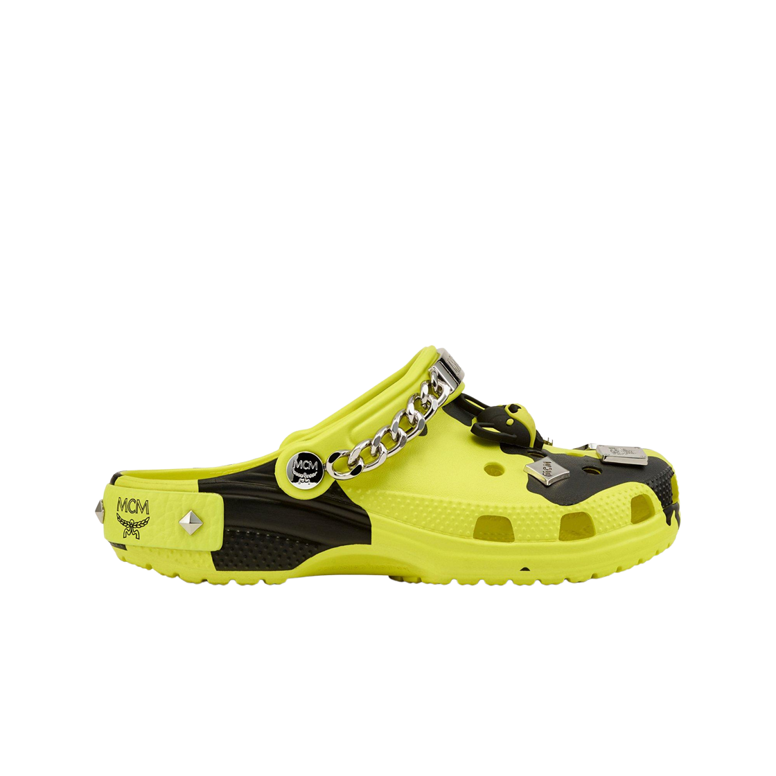 크록스 x MCM 카모플라주 프린트 클로그 네온 옐로우