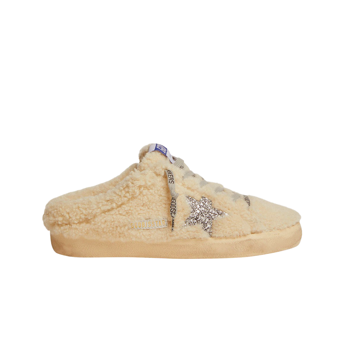 (W) 골든구스 실버 글리터 스타 내츄럴 화이트 셔링 슈퍼스타 사보 스니커즈((W) Golden Goose Superstar Natural White Shearling with Silver Glitter Star Sabot Sneakers) - 1