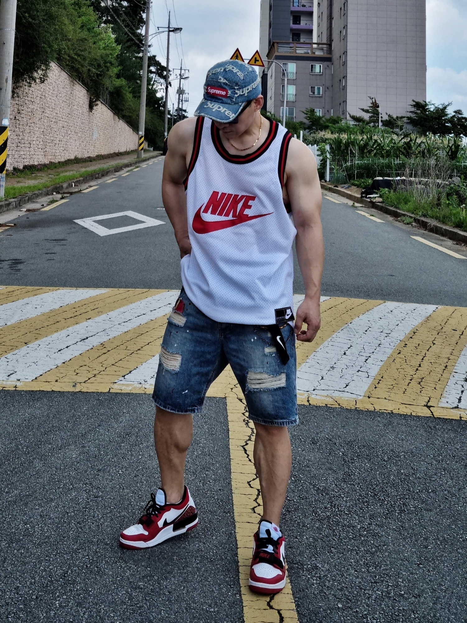Jordan Legacy 312 Low Chicago 2022, Supreme Frayed Logos Denim Camp Cap Blue - 21SS 착용 스타일 - 2