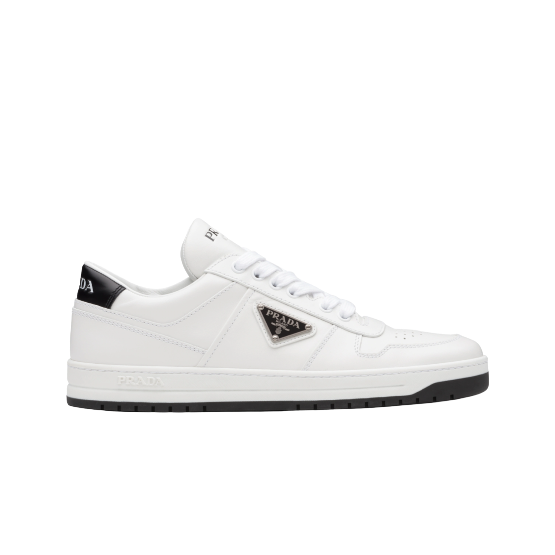 (W) 프라다 다운타운 퍼포레이티드 레더 스니커즈 화이트 블랙((W) Prada Downtown Perforated Leather Sneakers White Black)