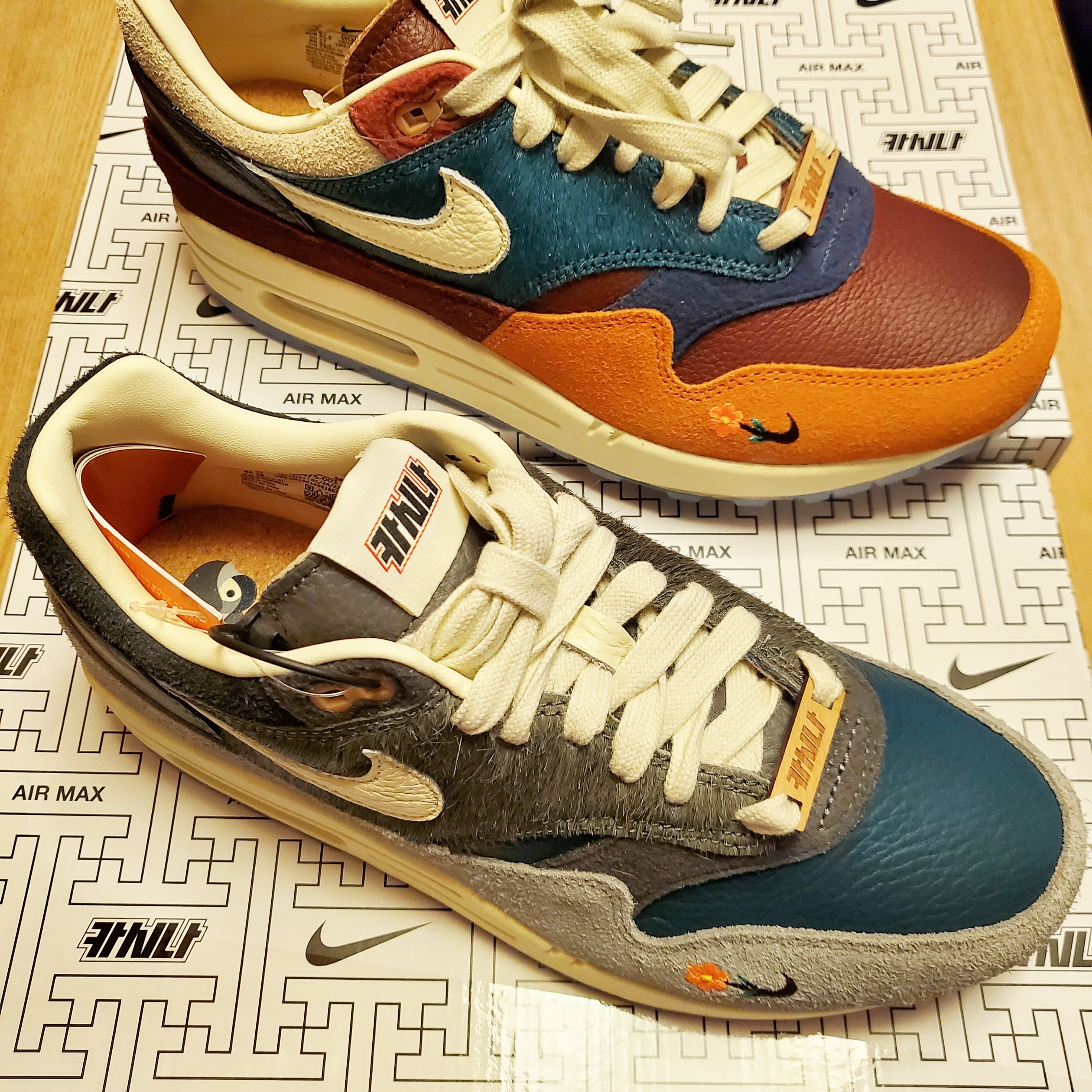 Nike x Kasina Air Max 1 SP Won-Ang Orange, Nike x Kasina Air Max 1 SP Won-Ang Particle Grey 착용 스타일