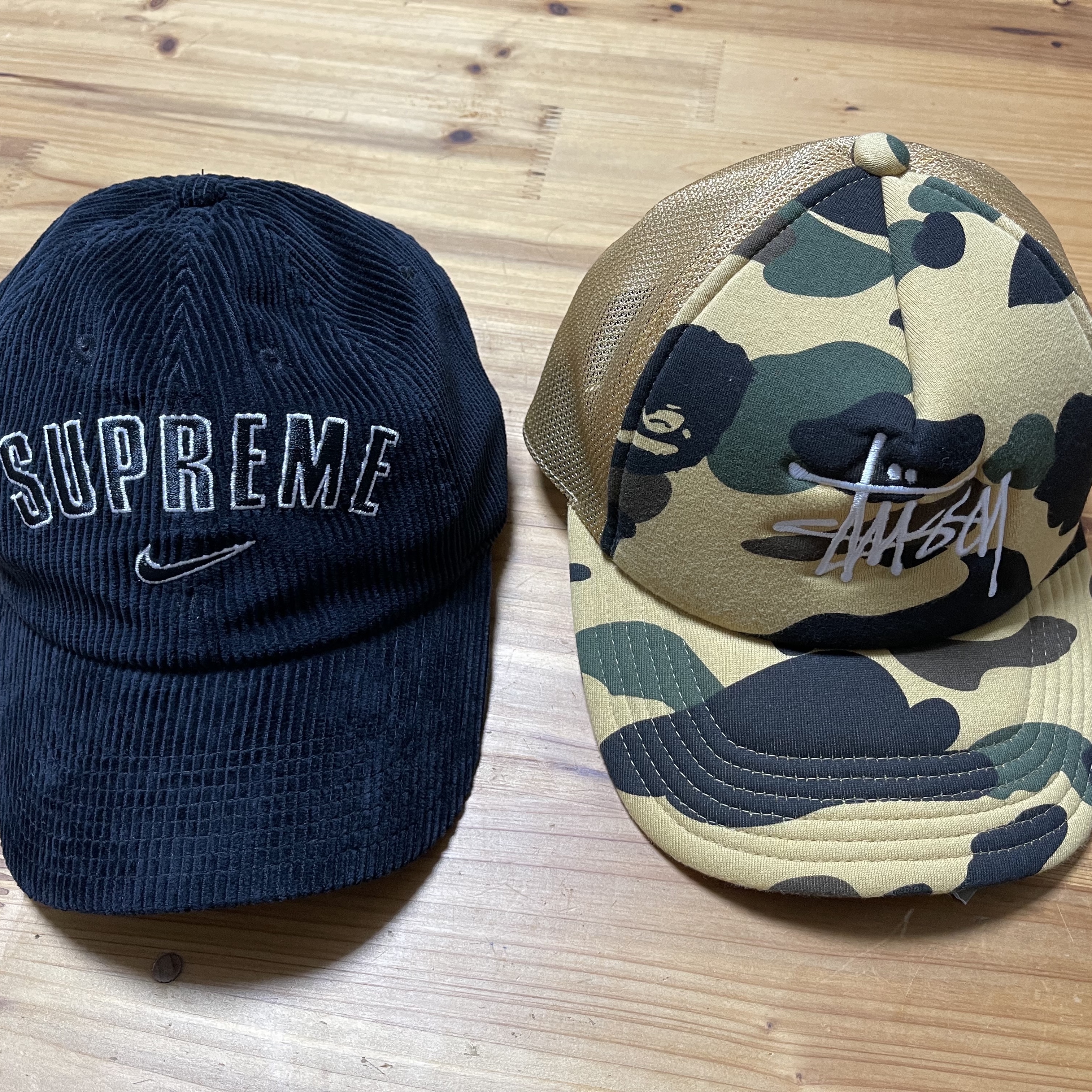 Stussy x BAPE Trucker Cap Yellow, Supreme x Nike Arc Corduroy 6-Panel Black - 22SS 착용 스타일