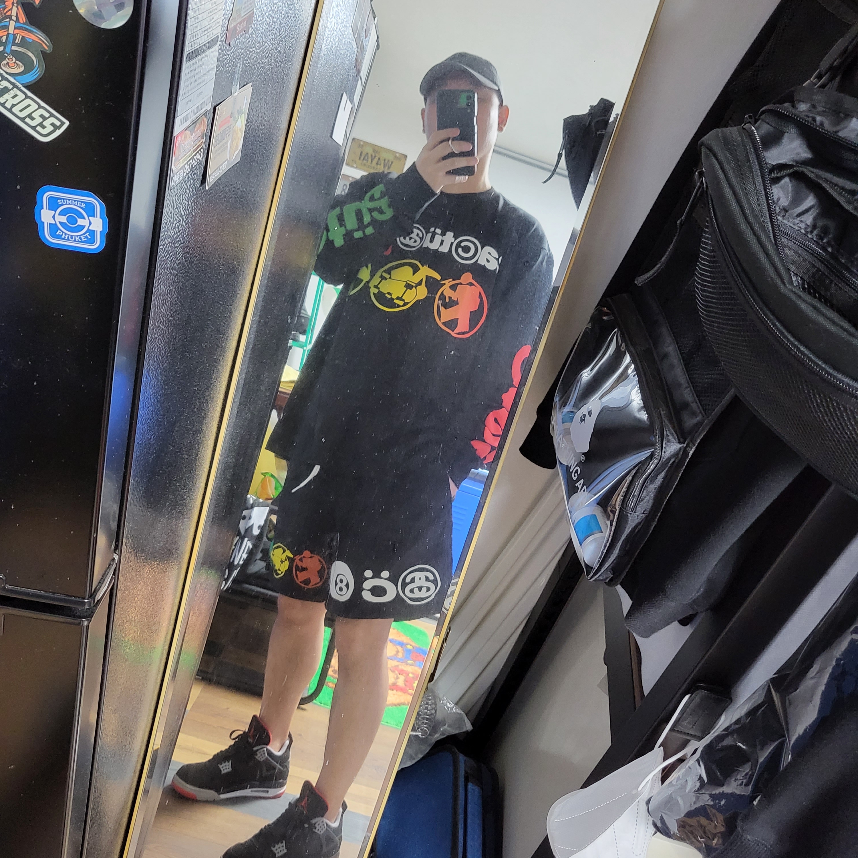 Stussy x Cactus Plant Flea Market Sport LS T-Shirt Black, Stussy x Cactus Plant Flea Market Icon Water Shorts Black 착용 스타일