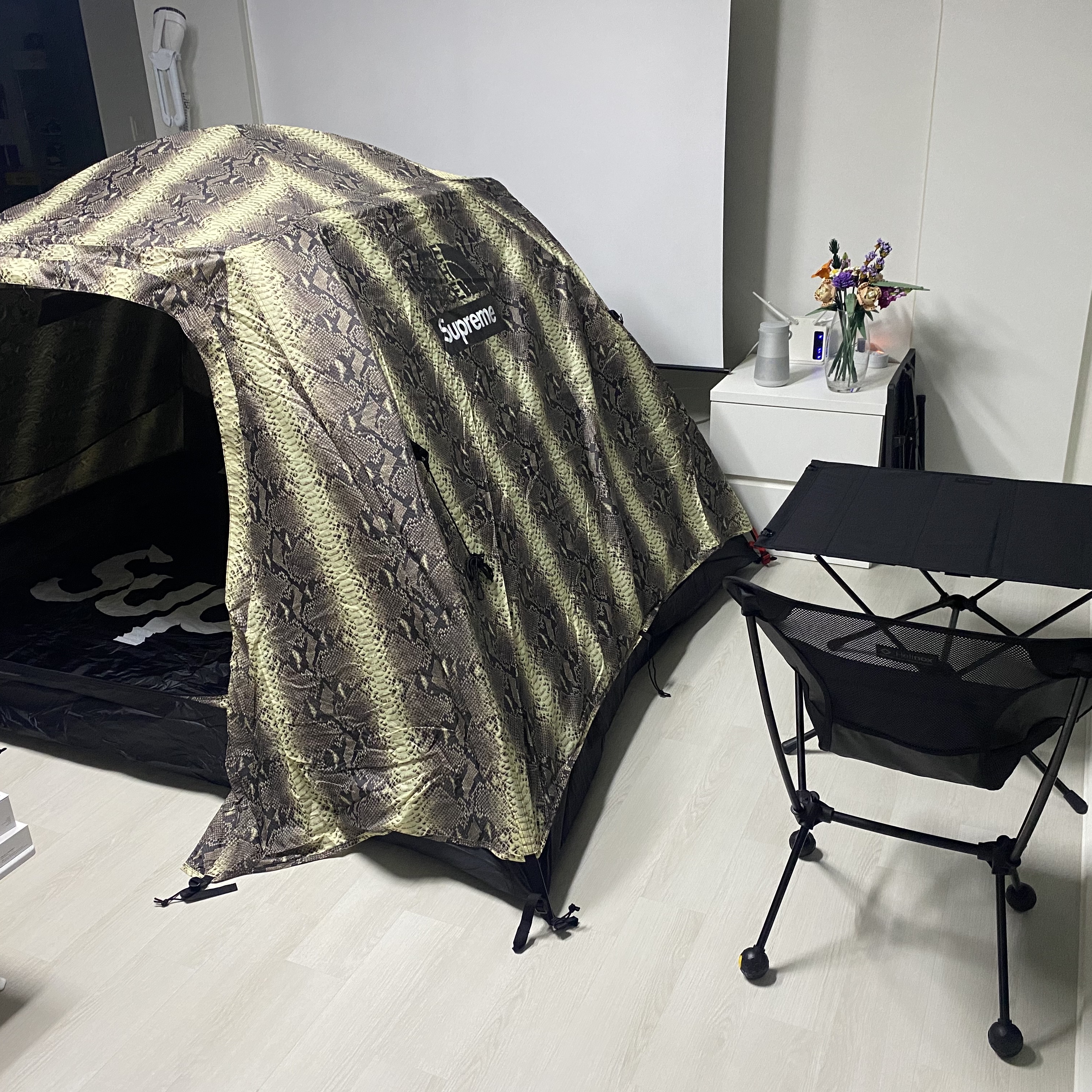 Supreme x The North Face Snakeskin Taped Seam Stormbreak 3 Tent Black - 18SS, Helinox Chair One L Blackout Edition 착용 스타일