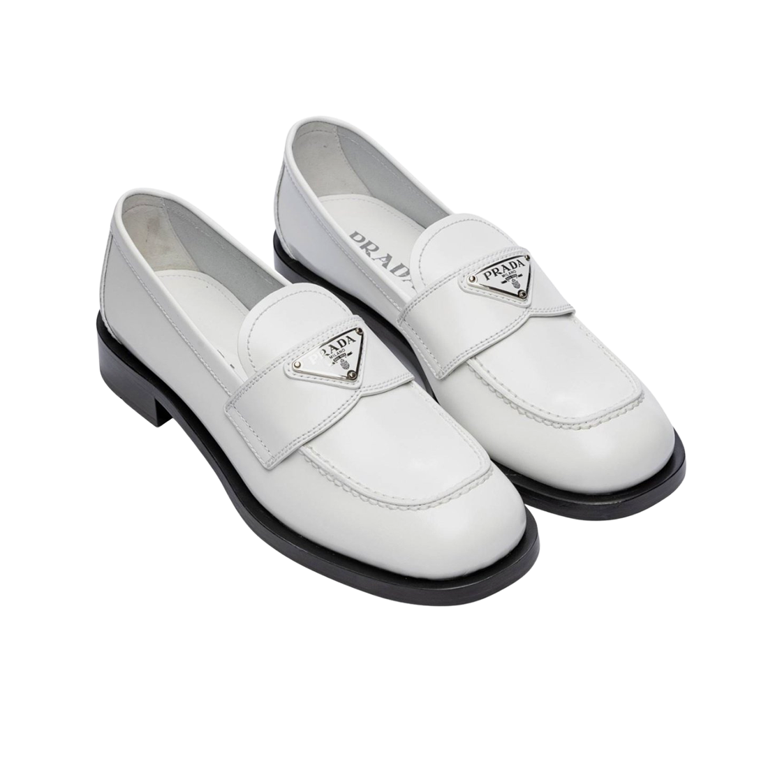 (W) 프라다 언라인드 브러쉬드 레더 로퍼 화이트((W) Prada Unlined Brushed Leather Loafers White) - 2