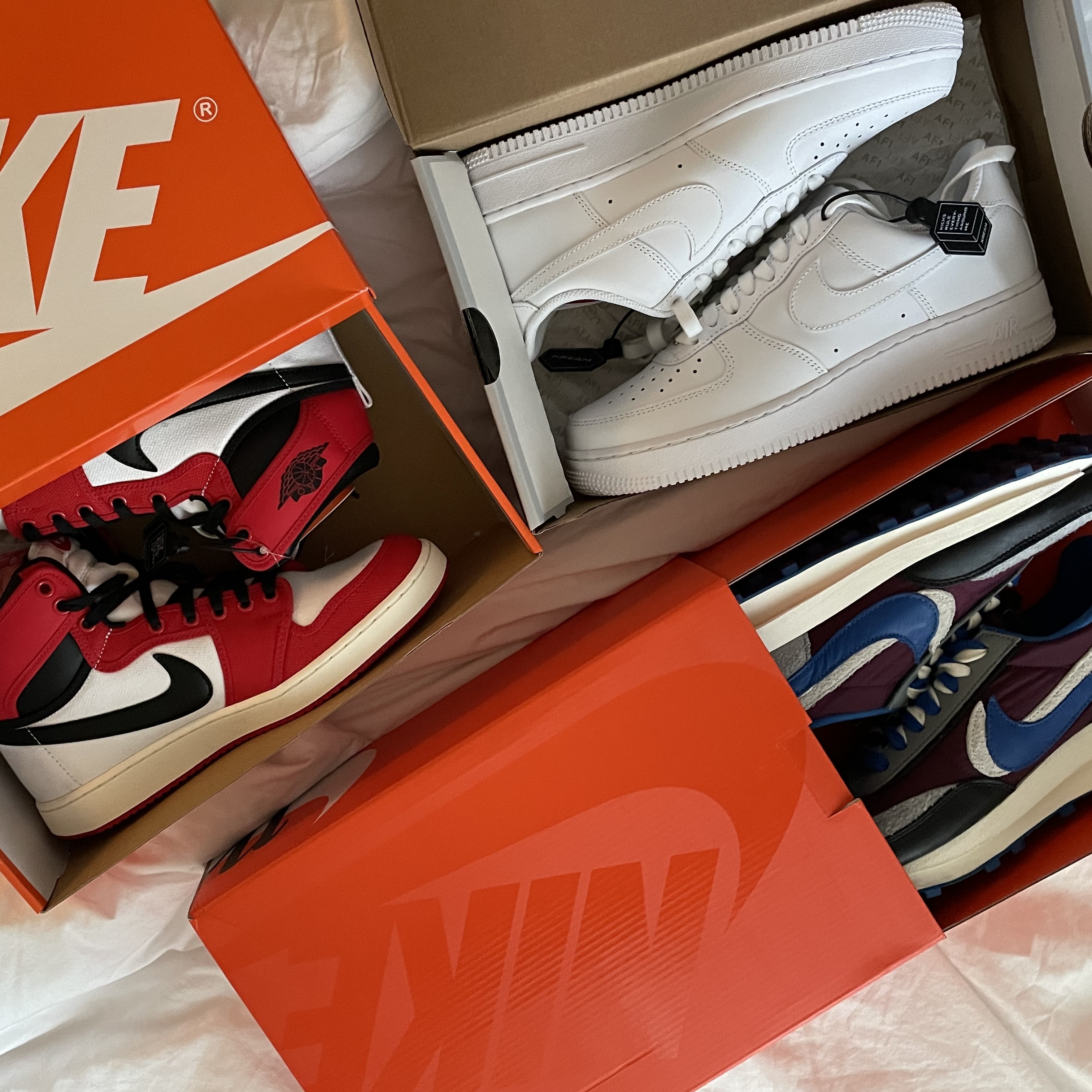 Jordan 1 KO Chicago 2021, Nike x Sacai x Undercover LDWaffle Night Maroon Team Royal 착용 스타일