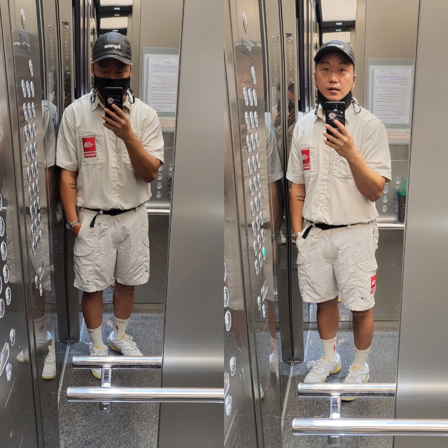 Supreme x The North Face Trekking Packable Belted Shorts Stone - 22SS, Supreme x The North Face Trekking S/S Shirt Stone - 22SS 착용 스타일