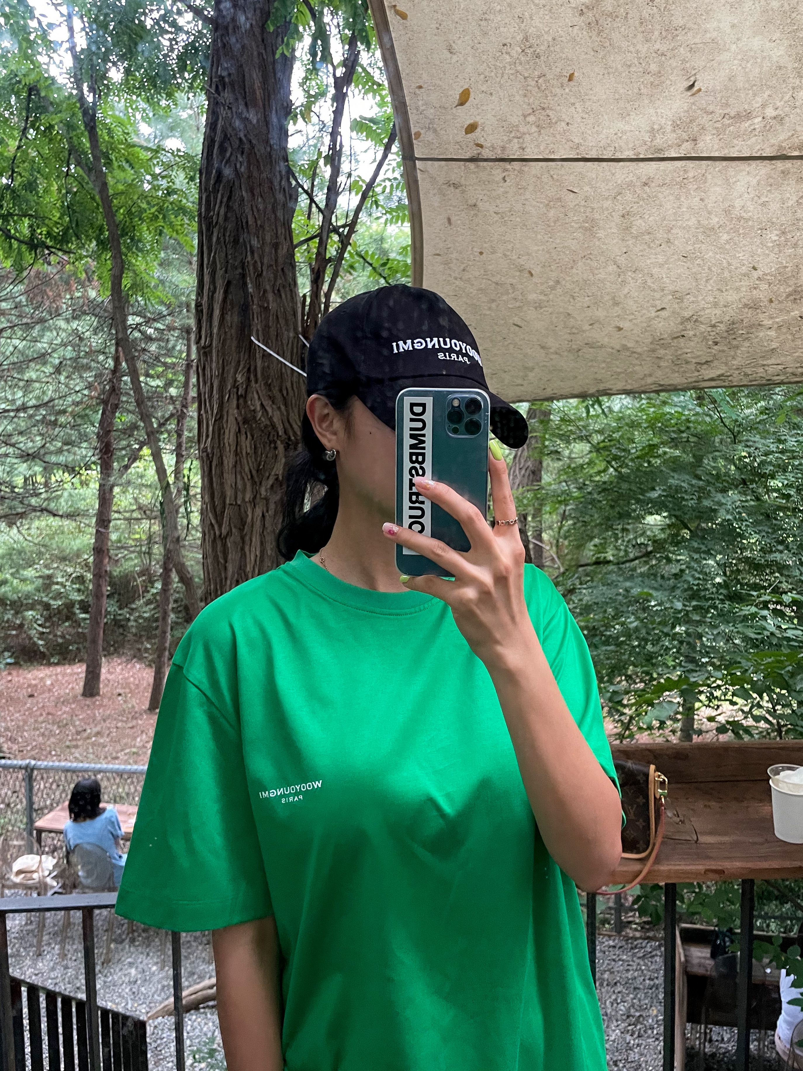 Jordan 1 x Travis Scott x Fragment Retro Low OG SP Military Blue, Wooyoungmi Flower Print Back Logo T-Shirt Green - 22SS 착용 스타일 - 5