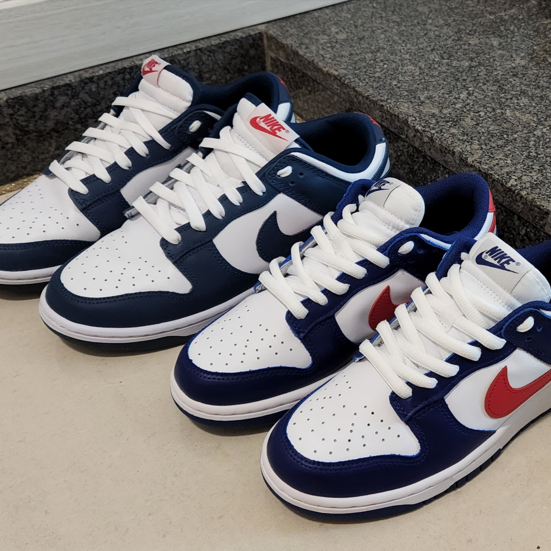 (W) Nike Dunk Low White and University Red, Nike Dunk Low Retro Valerian Blue 착용 스타일