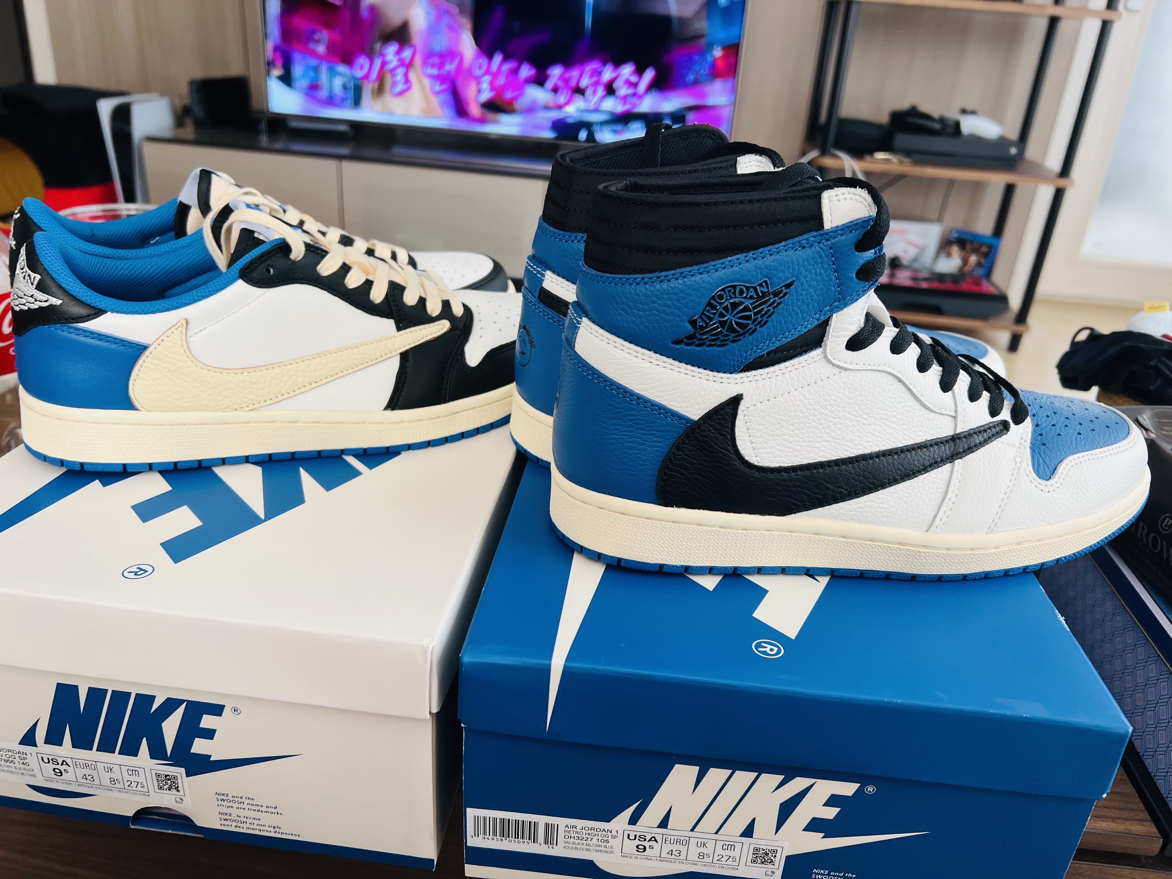 Jordan 1 x Travis Scott x Fragment Retro Low OG SP Military Blue, Jordan 1 x Travis Scott x Fragment Retro High OG SP Military Blue 착용 스타일