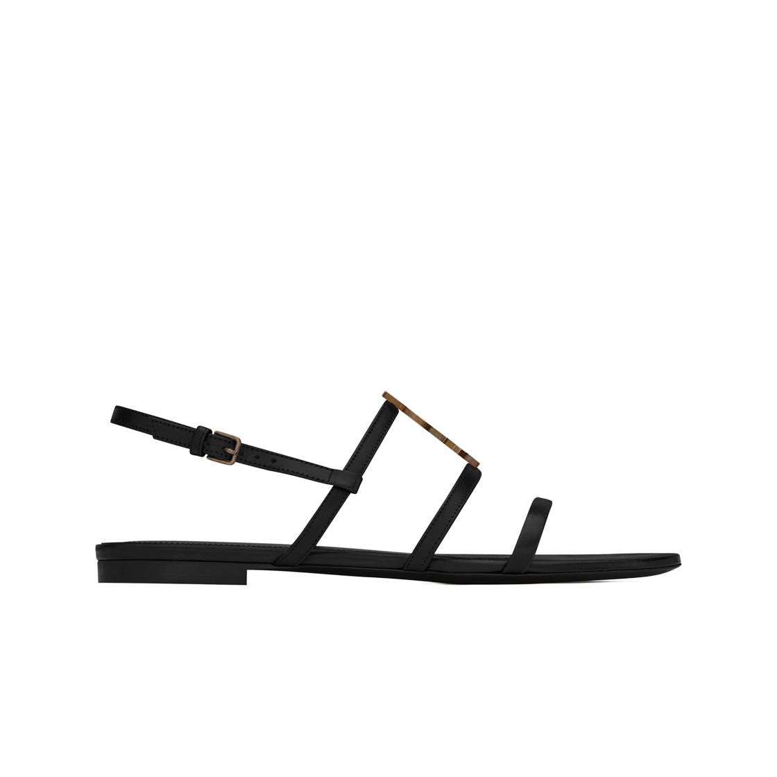 (W) 생로랑 스무스 레더 골드 모노그램 카산드라 플랫 샌들 블랙((W) Saint Laurent Cassandra Flat Sandals in Smooth Leather with Gold Monogram Black)