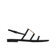 (W) Saint Laurent Cassandra Flat Sandals in Smooth Leather with Gold Monogram Black