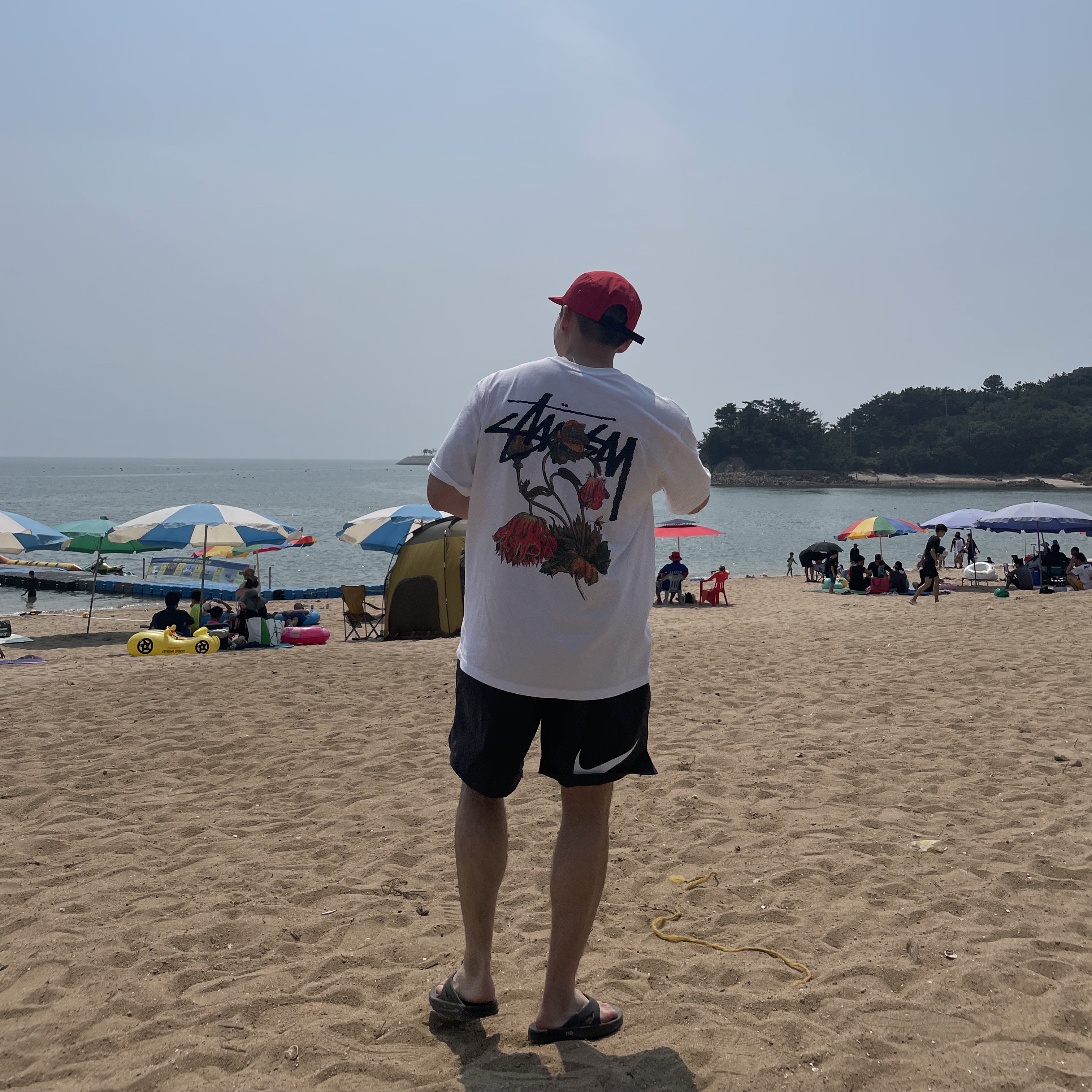 Stussy Withered Flower T-Shirt White, Nike x Stussy Water Shorts Off Noir 착용 스타일