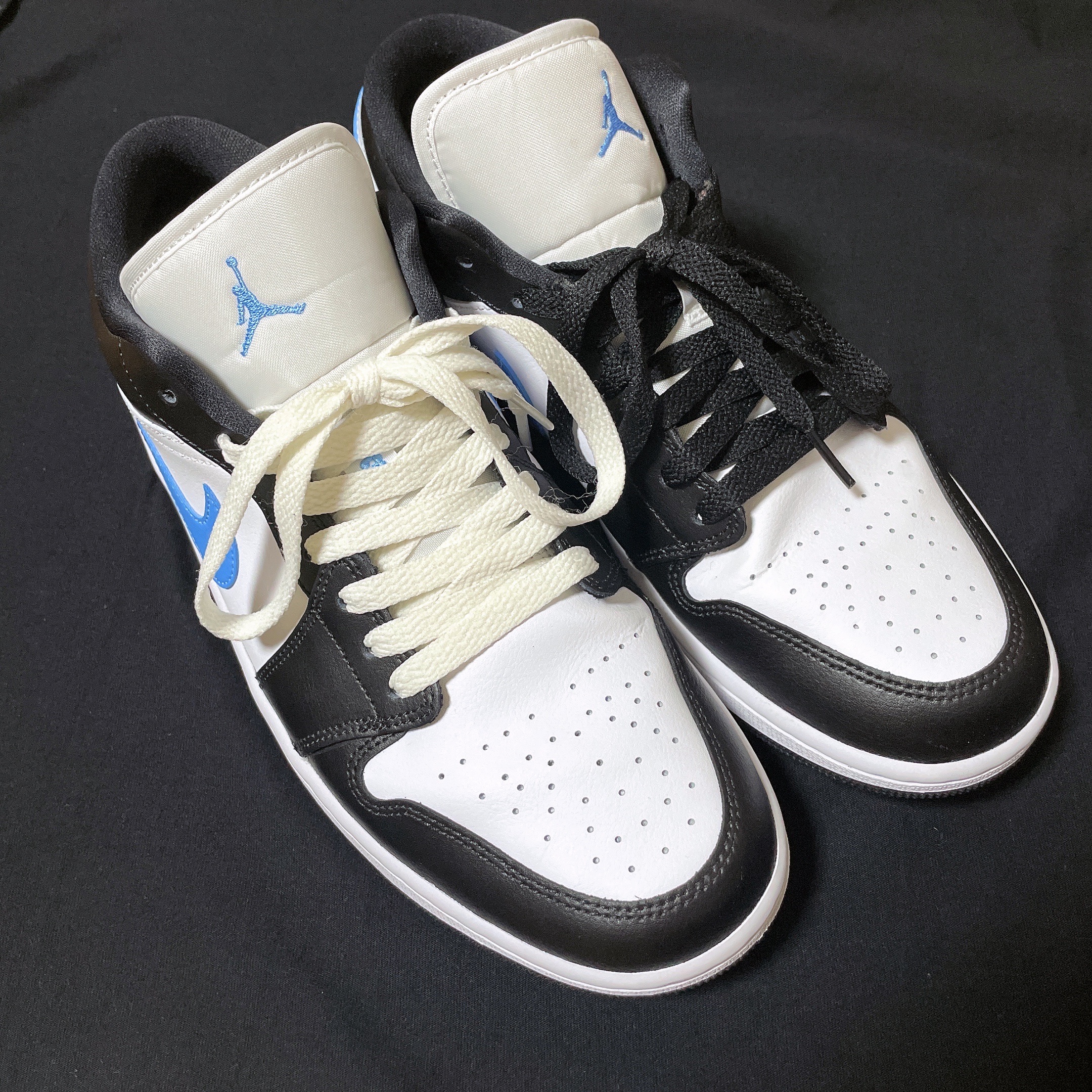 (W) Jordan 1 Low Black University Blue, Jordan 1 x Travis Scott x Fragment Retro Low OG SP Military Blue 착용 스타일 - 3