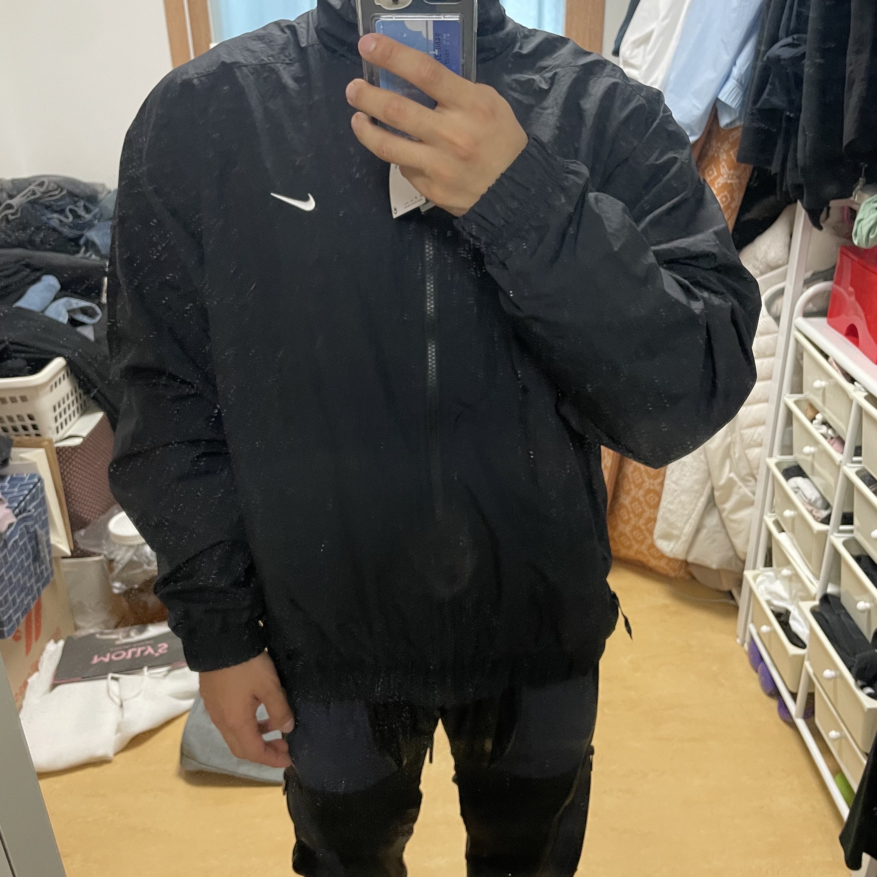 Nike NRG Solo Swoosh Woven Track Jacket Black - Asia, Nike NRG Solo Swoosh Woven Track Jacket Celestine Blue - Asia 착용 스타일 - 2