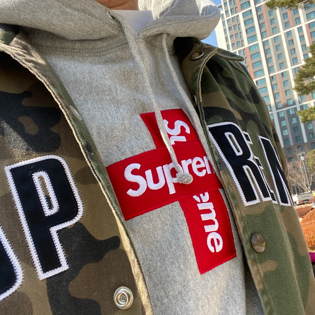 Supreme Cross Box Logo Hooded Sweatshirt Heather Grey - 20FW 착용 스타일