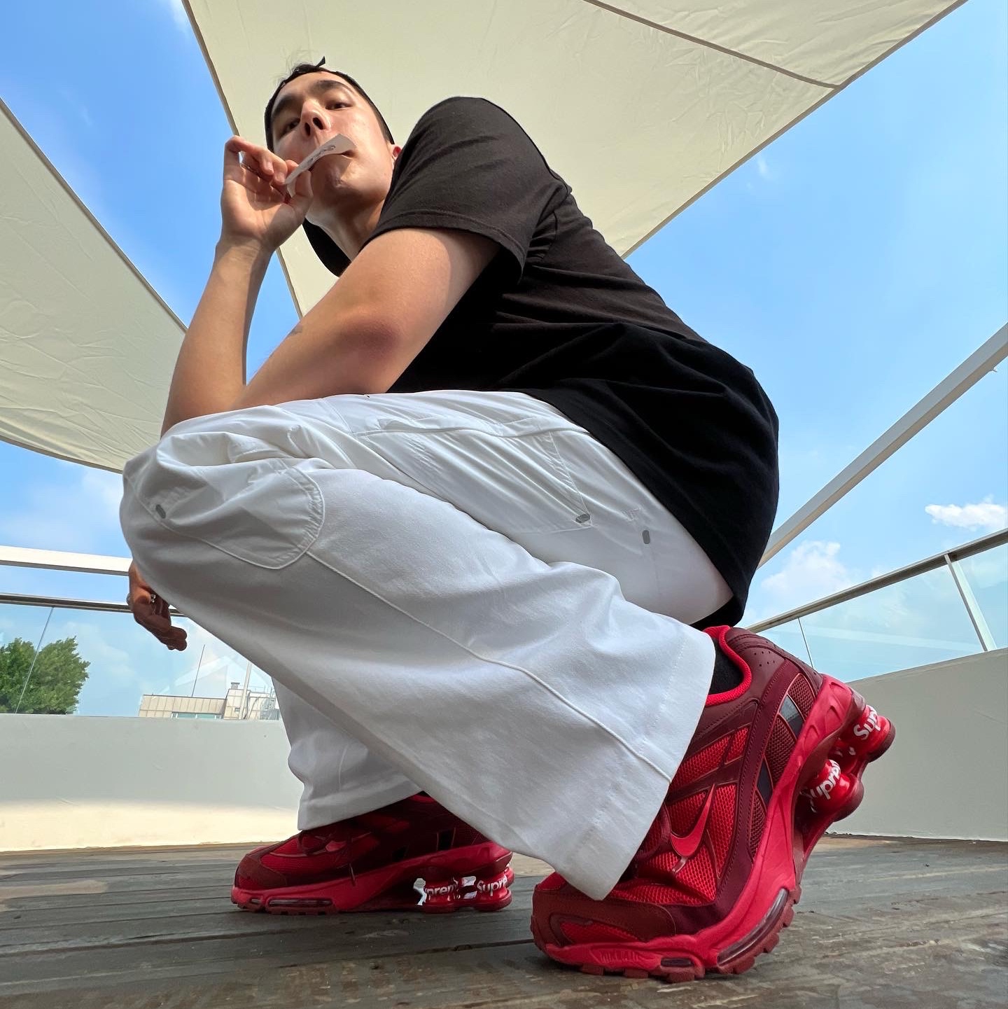 Nike x Supreme Shox Ride 2 SP Red, Nike x Off-White NRG Pants White 착용 스타일 - 2