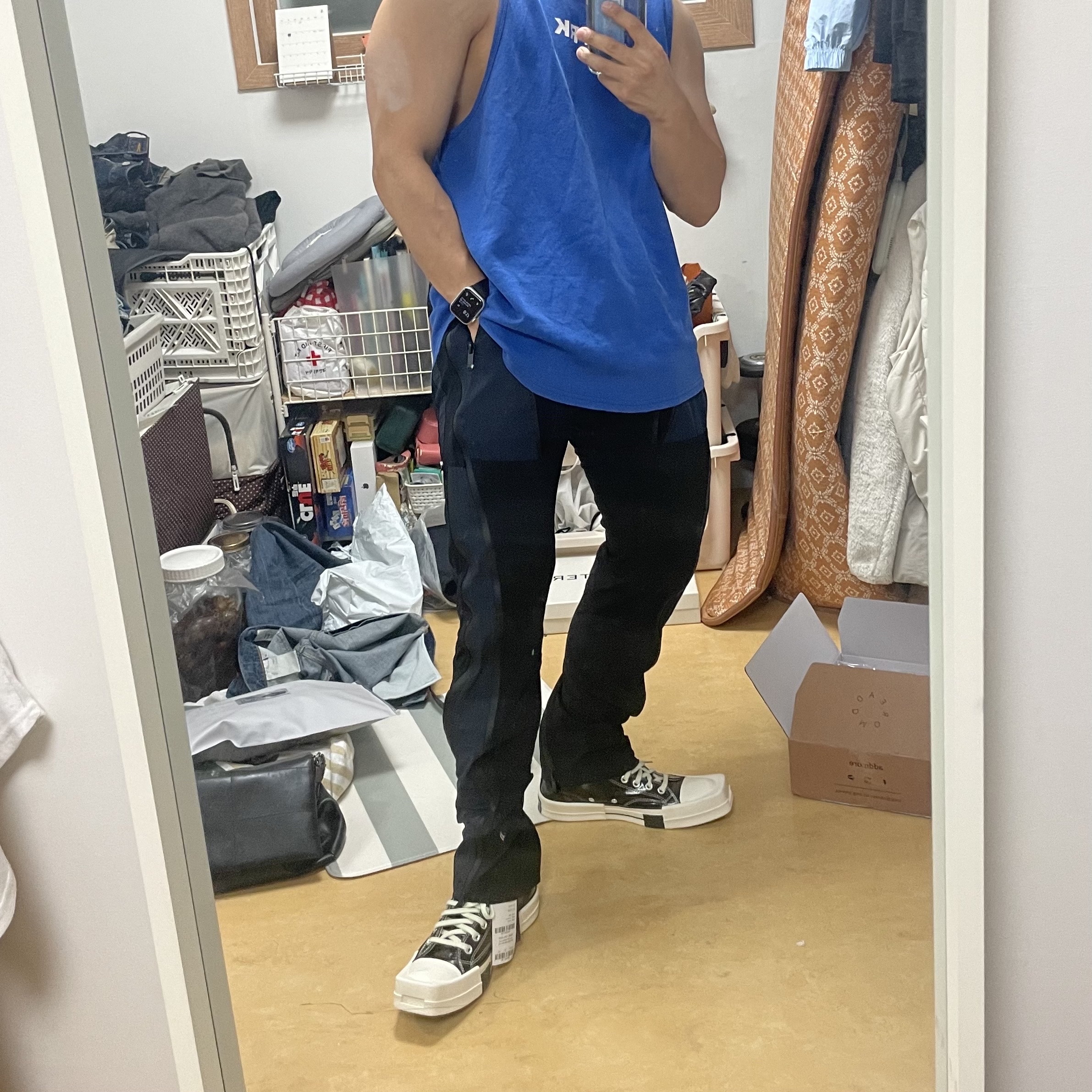 Converse x Drkshdw Turbodrk Chuck 70 Hi Black Lacquered Denim, Undermycar Phan Mark 2 Multi Zip Nylon Mesh Pants Iris - 22SS 착용 스타일 - 2