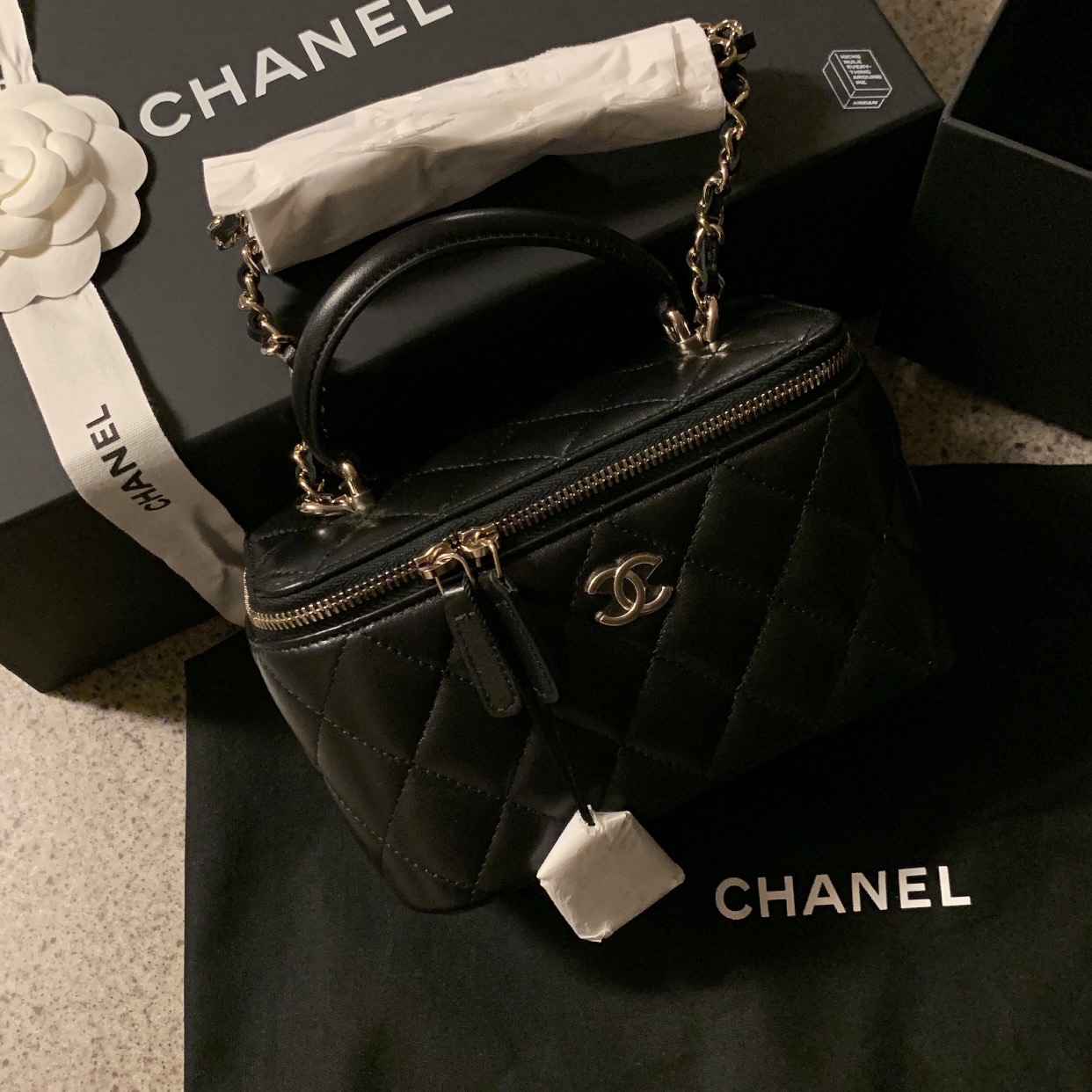 Chanel Vanity With Chain Lambskin & Gold Black 착용 스타일