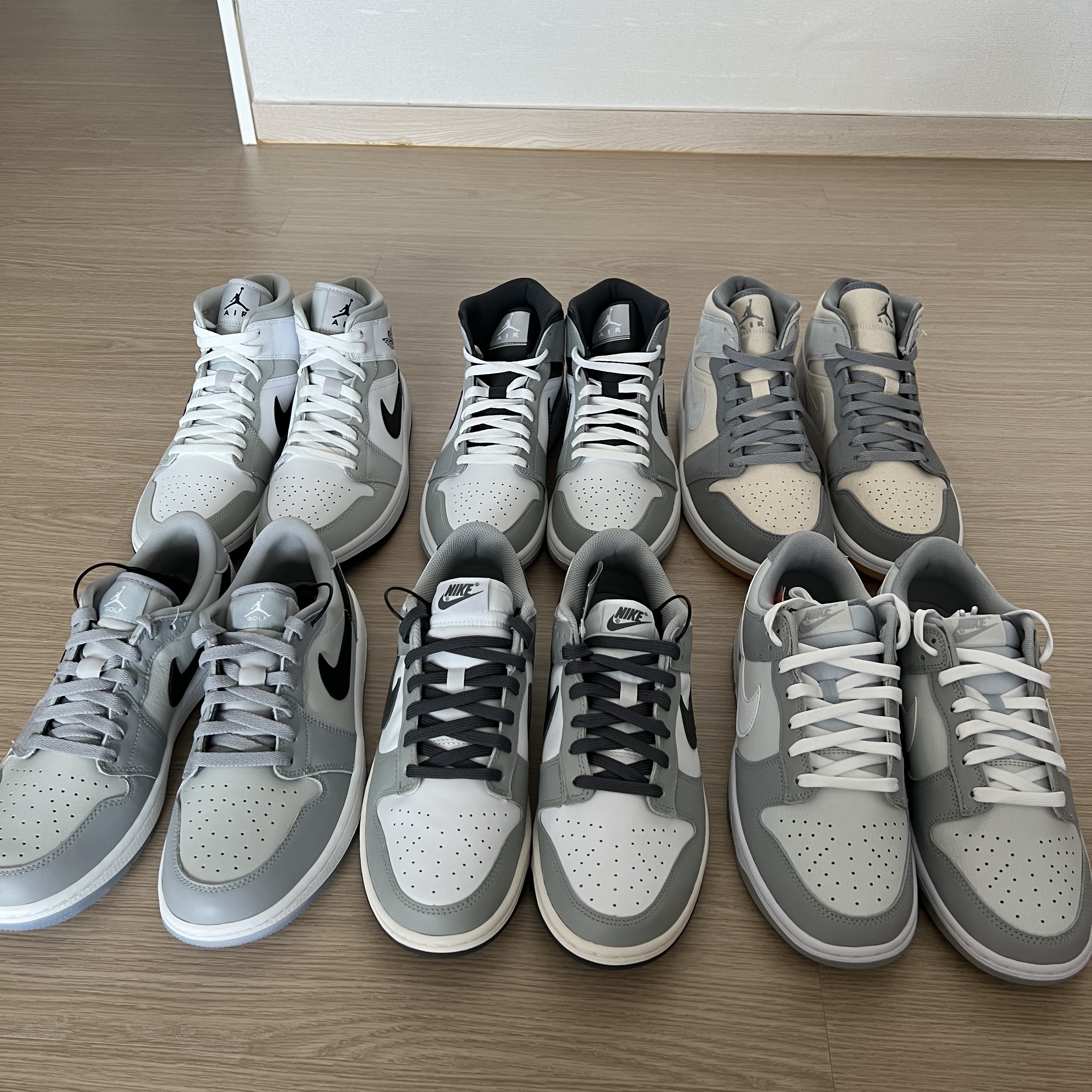 Jordan 1 Low Golf Wolf Grey, Jordan 1 Mid Light Smoke Grey Anthracite 착용 스타일 - 2