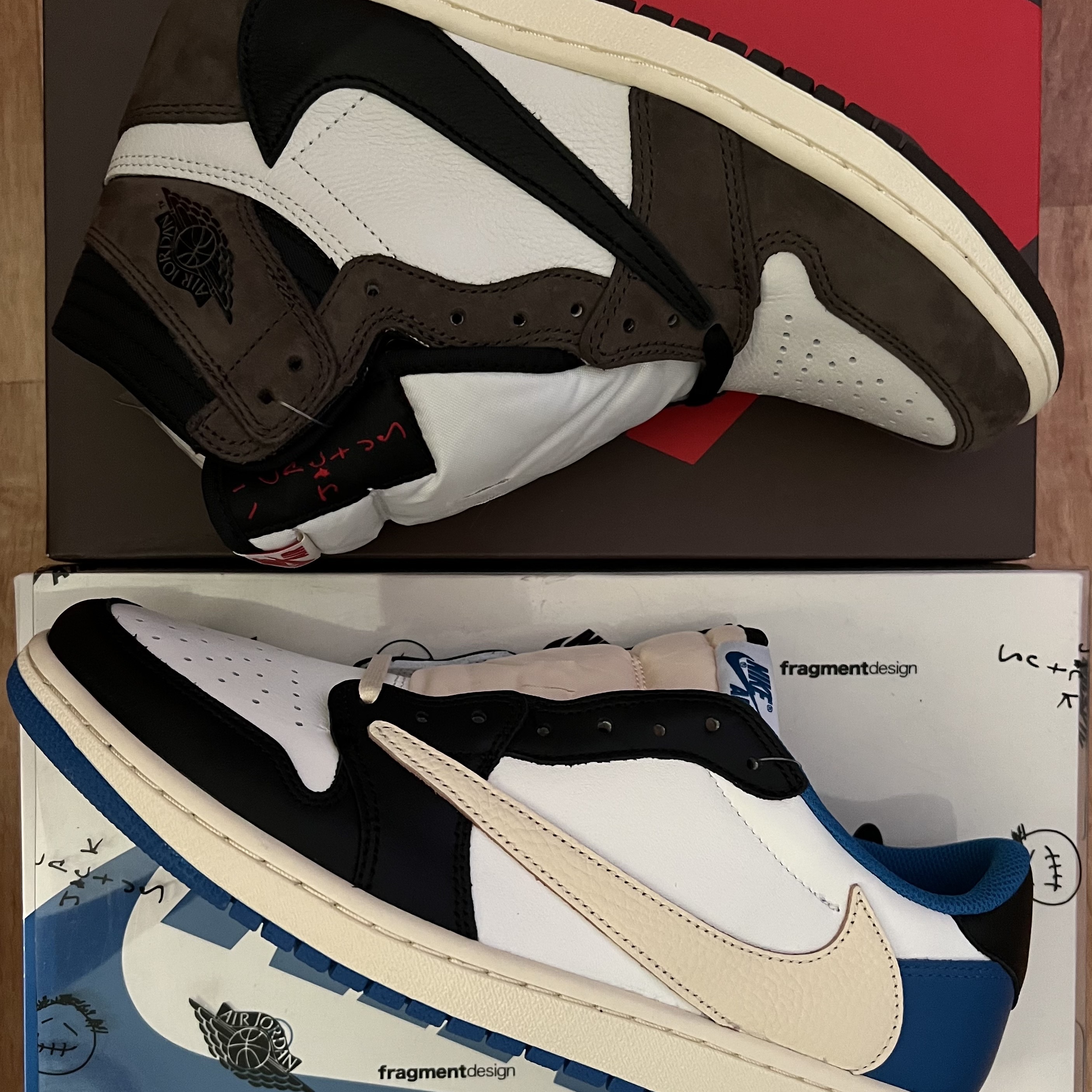 Jordan 1 x Travis Scott x Fragment Retro Low OG SP Military Blue, Jordan 1 x Travis Scott Retro High OG SP Mocha 착용 스타일