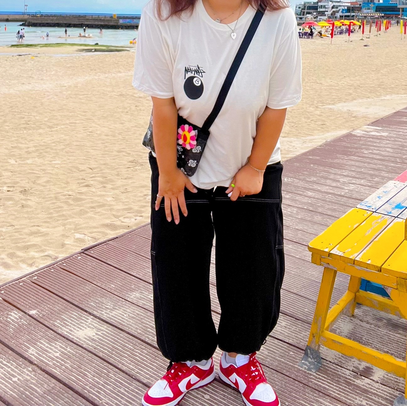 (W) Nike Dunk Low Next Nature Gym Red, Supreme Bandana Tarp Side Bag Black - 21SS 착용 스타일