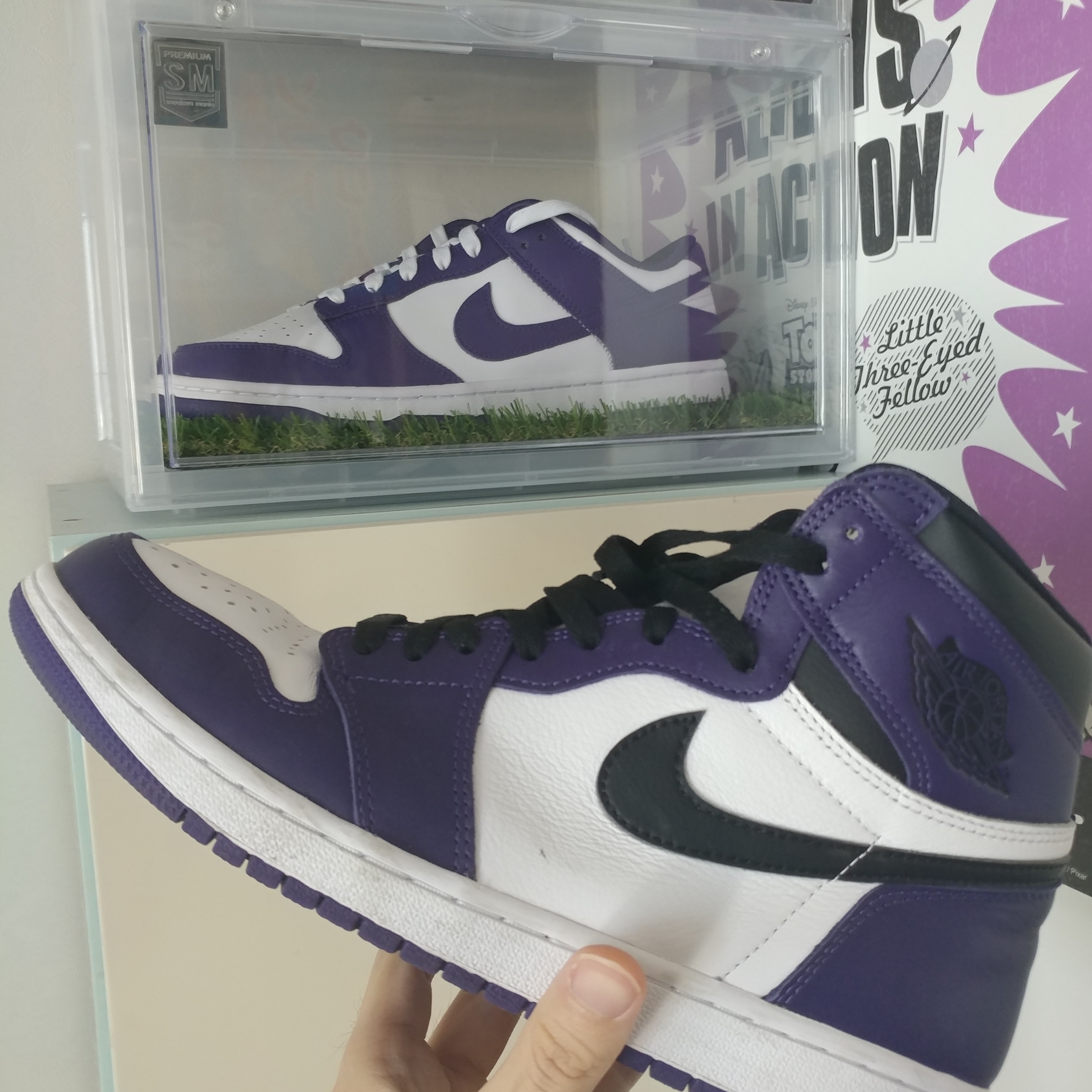 Nike Dunk Low Retro Championship Court Purple, Jordan 1 Retro High OG Court Purple 2020 착용 스타일