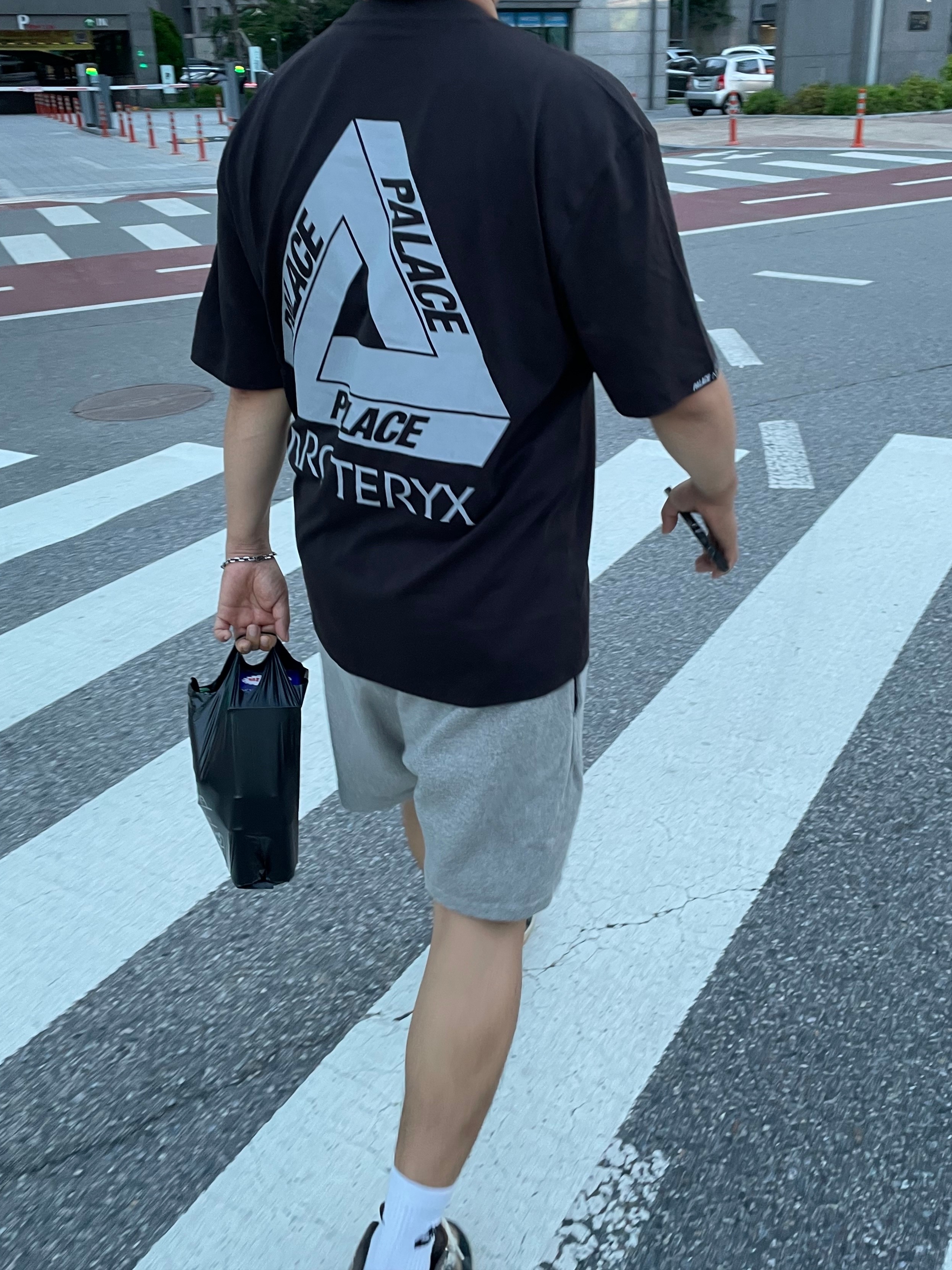 Palace x Arc'teryx T-Shirt Black - 20FW, Essentials 1977 Shorts Dark Oatmeal - 22SS 착용 스타일 - 1