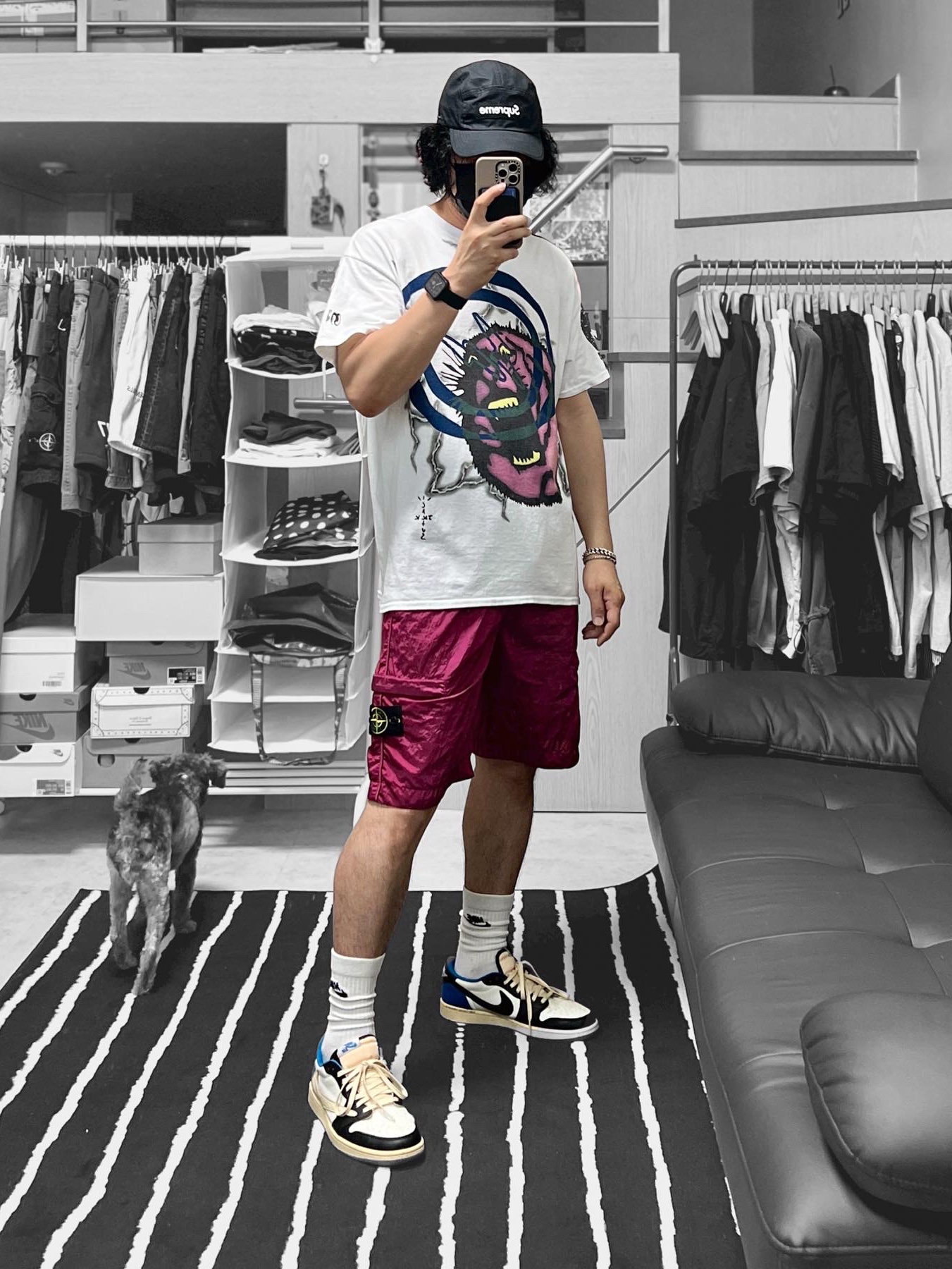 Nike x Peaceminusone Kwondo1 White, Jordan 1 x Travis Scott x Fragment Retro Low OG SP Military Blue 착용 스타일 - 2