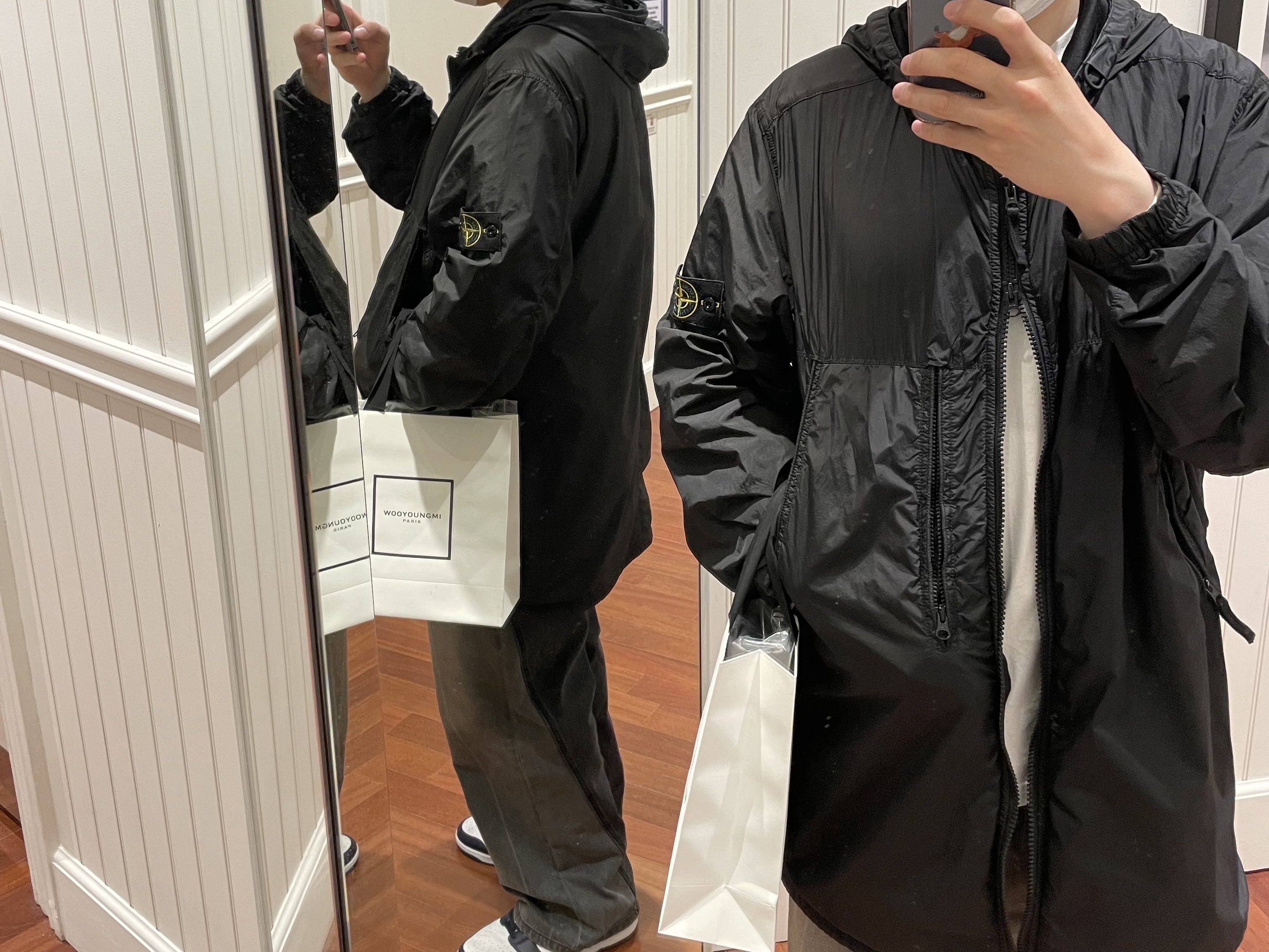 Stone Island 441F1 Raso Gommato Double Ghost Piece Jacket Black - 21SS, Jordan 1 Retro High OG Black Mocha 착용 스타일