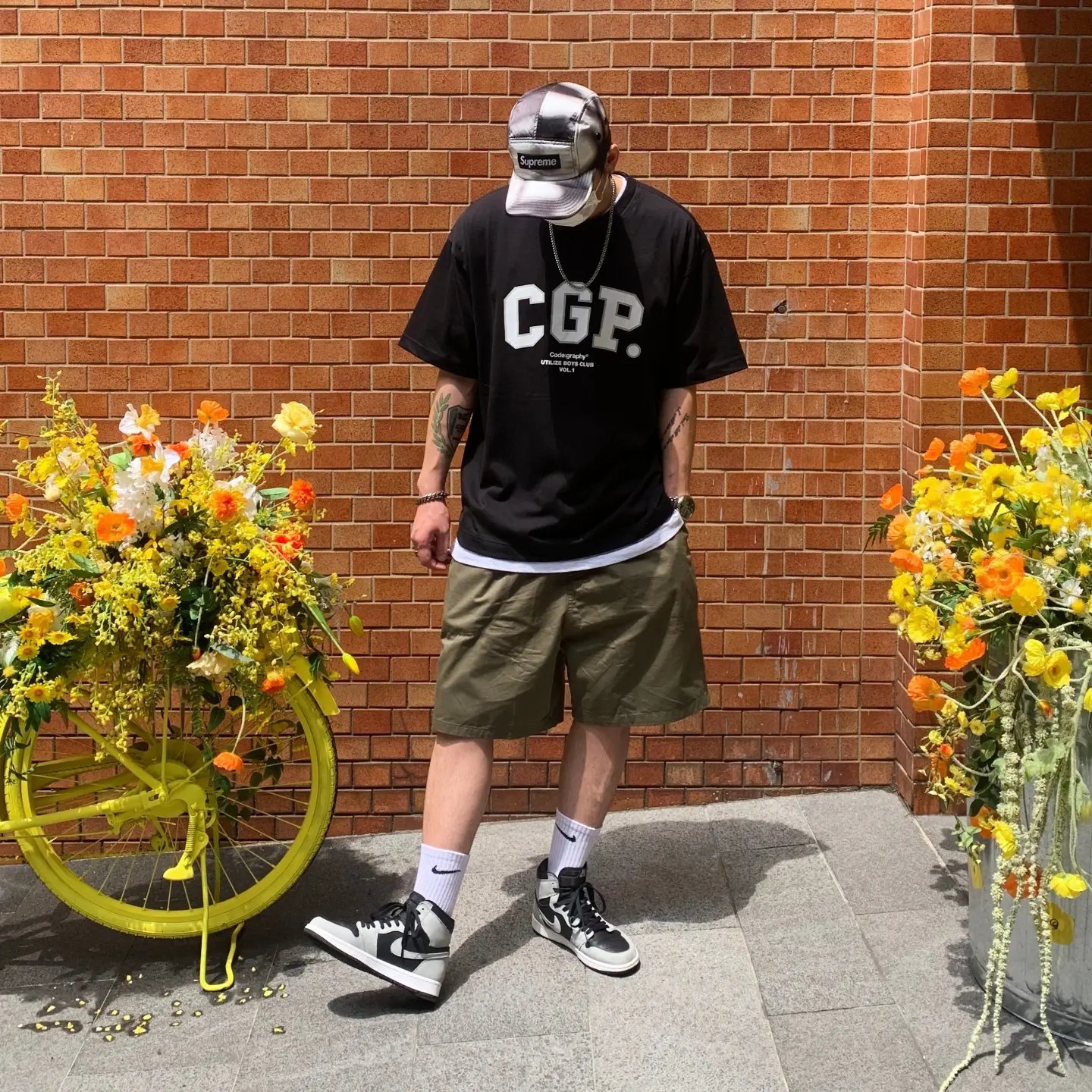 Jordan 1 Retro High OG Shadow 2.0, Supreme Washed Satin Camo Camp Cap Snow Camo - 21SS 착용 스타일 - 2