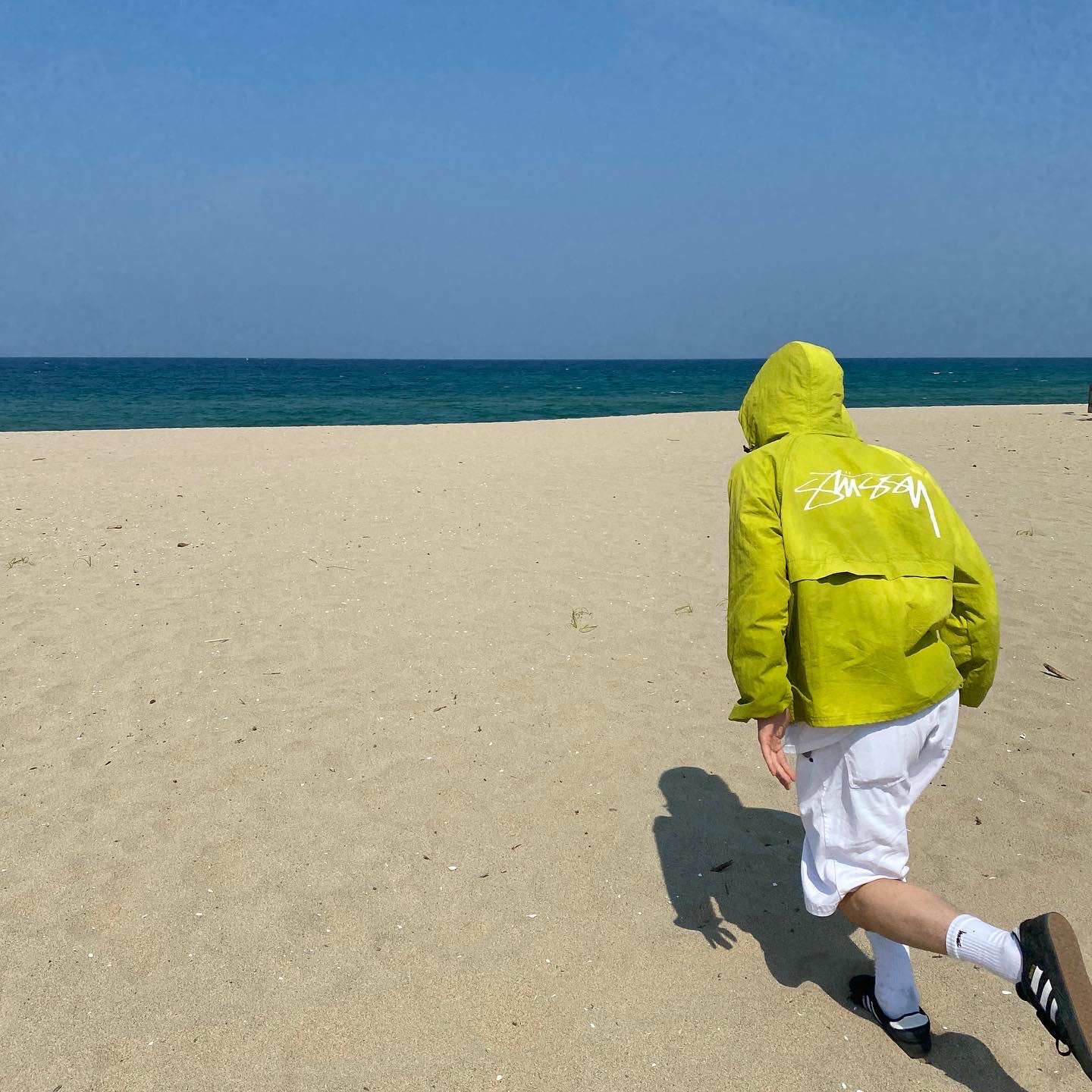 Stussy Wave Dye Beach Shell Jacket Slime, Adidas Samba ADV Black 착용 스타일 - 1