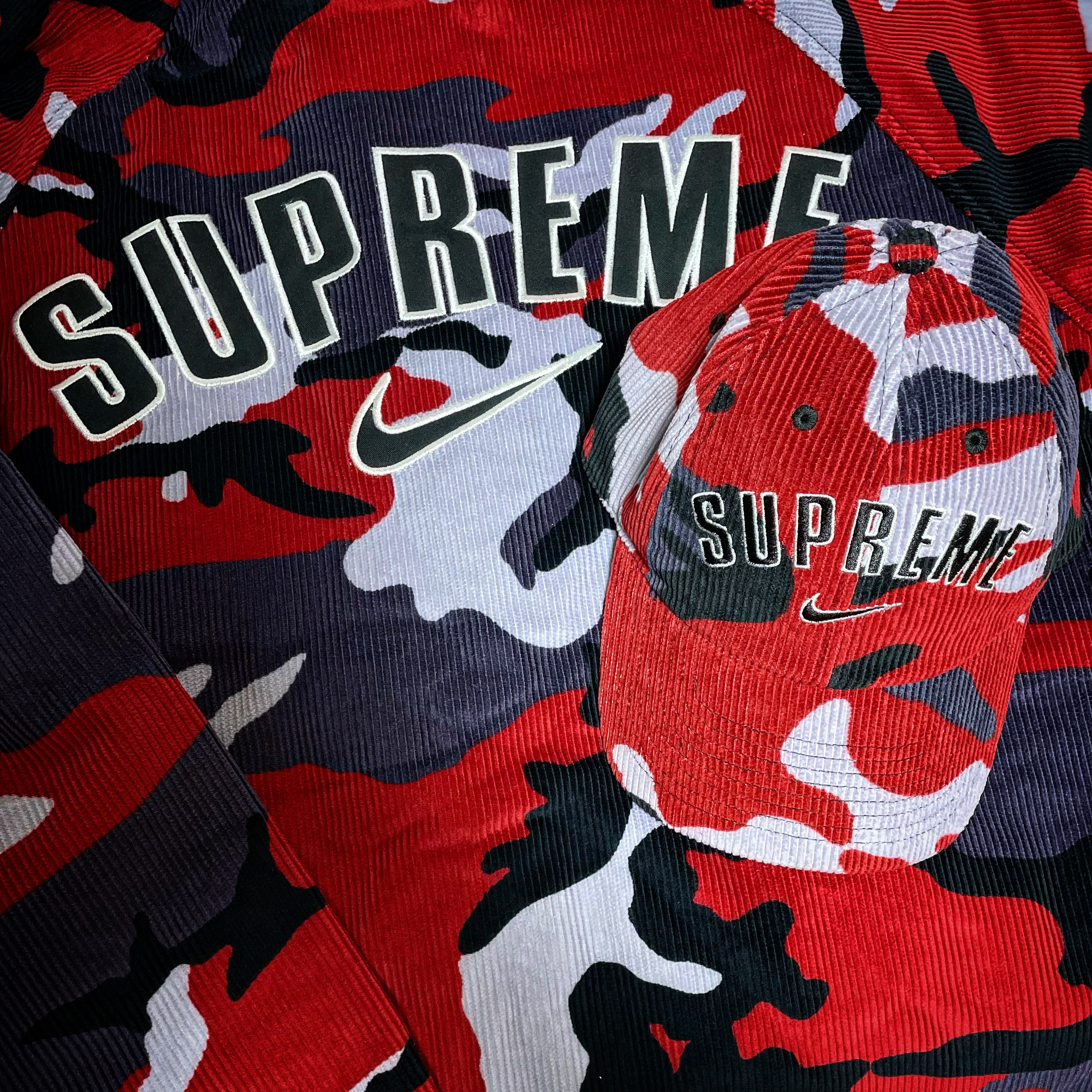 Supreme x Nike Arc Corduroy Hooded Jacket Red Camo - 22SS, Supreme x Nike Arc Corduroy 6-Panel Red Camo - 22SS 착용 스타일