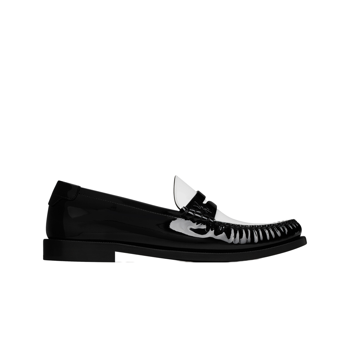 (W) 생로랑 페이턴트 레더 르 로퍼 모노그램 페니 슬리퍼 블랙 브라이트 화이트((W) Saint Laurent Le Loafer Monogram Penny Slippers in Patent Learher Black Bright White) - 1