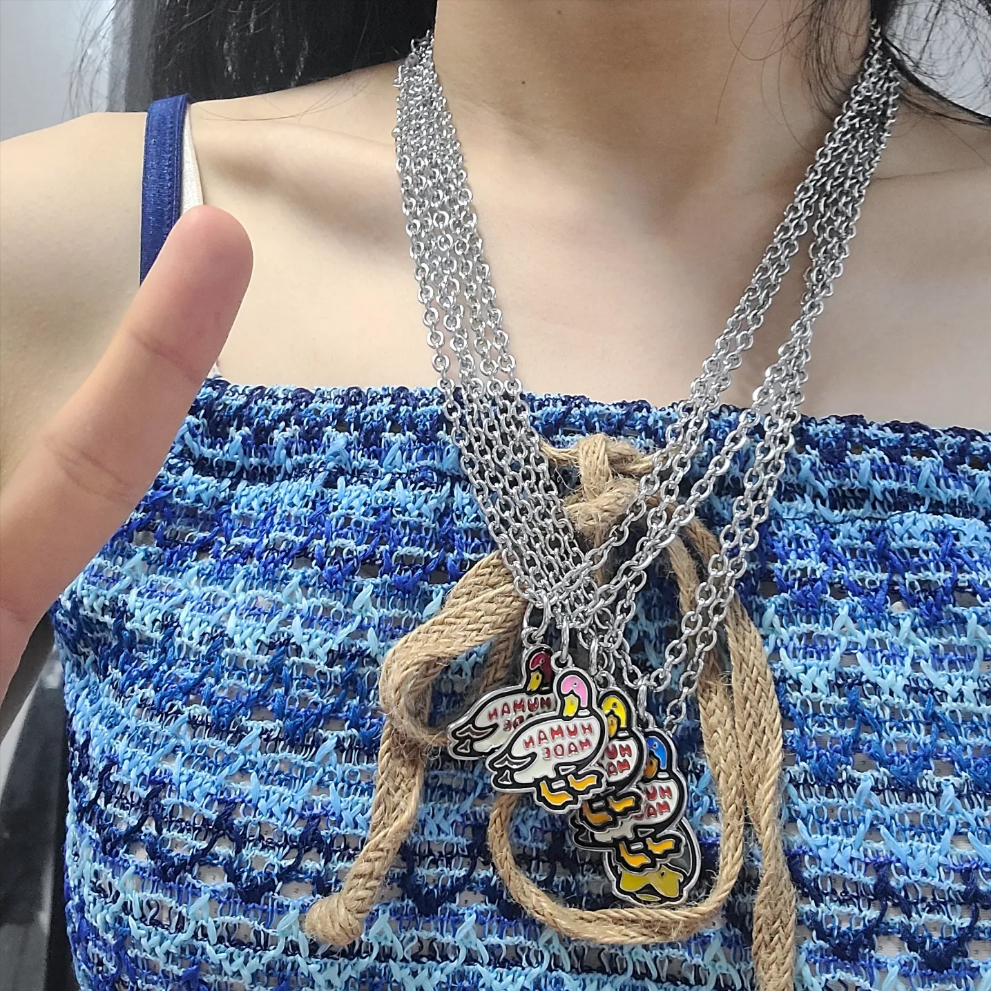 Human Made Duck Keyring Silver, Human Made Animal Necklace Duck Green 착용 스타일