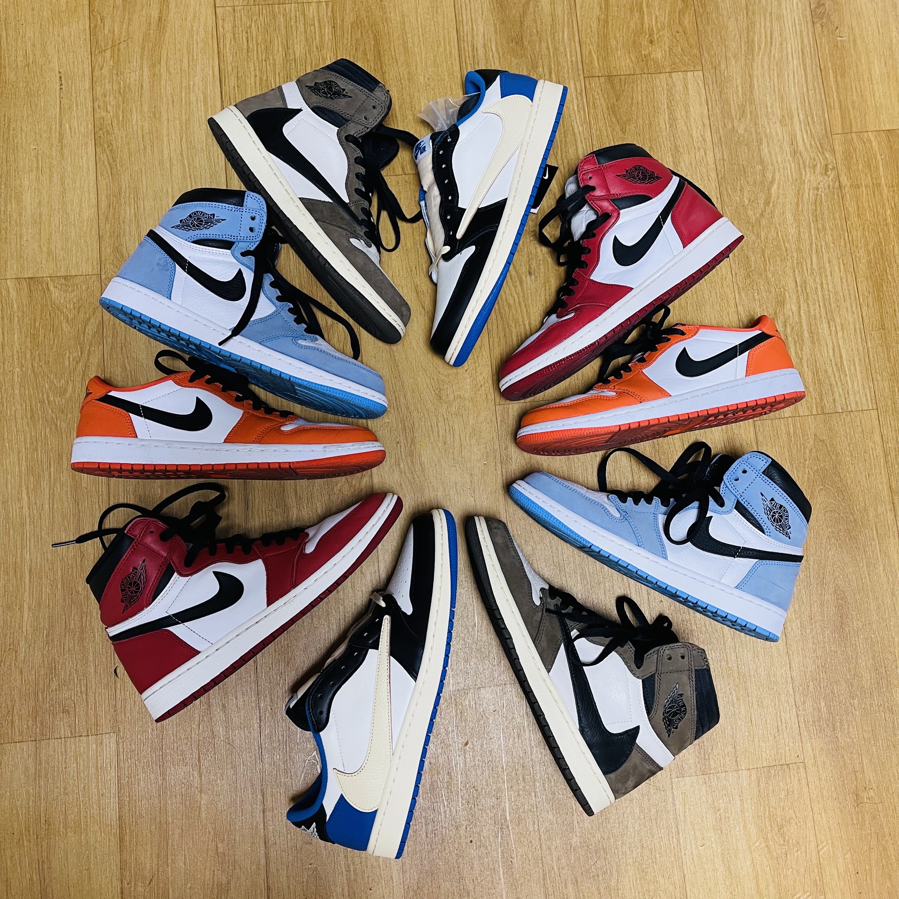 Jordan 1 x Travis Scott x Fragment Retro Low OG SP Military Blue, Jordan 1 x Travis Scott Retro High OG SP Mocha 착용 스타일