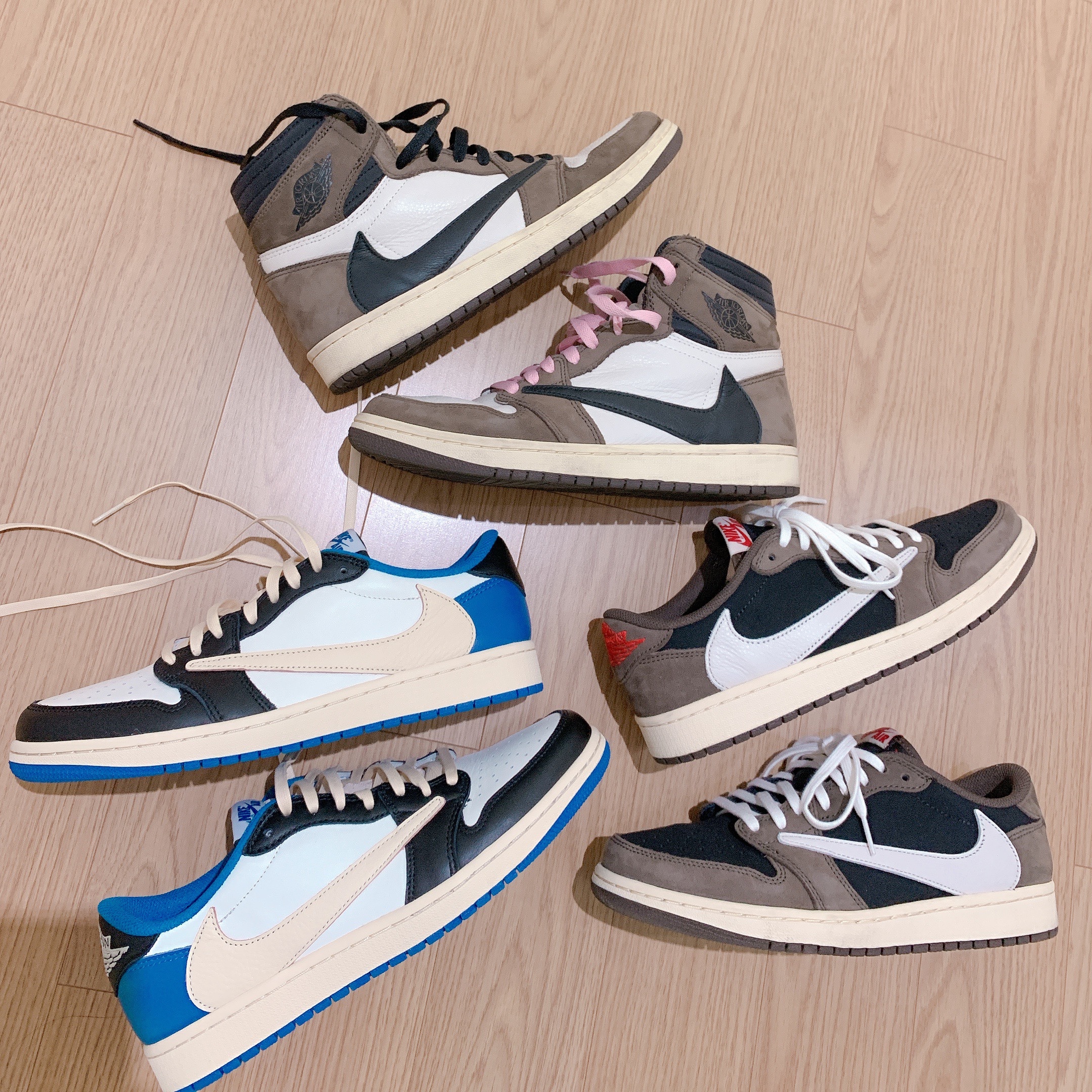 Jordan 1 x Travis Scott x Fragment Retro Low OG SP Military Blue, Jordan 1 x Travis Scott Retro Low OG SP Mocha 착용 스타일