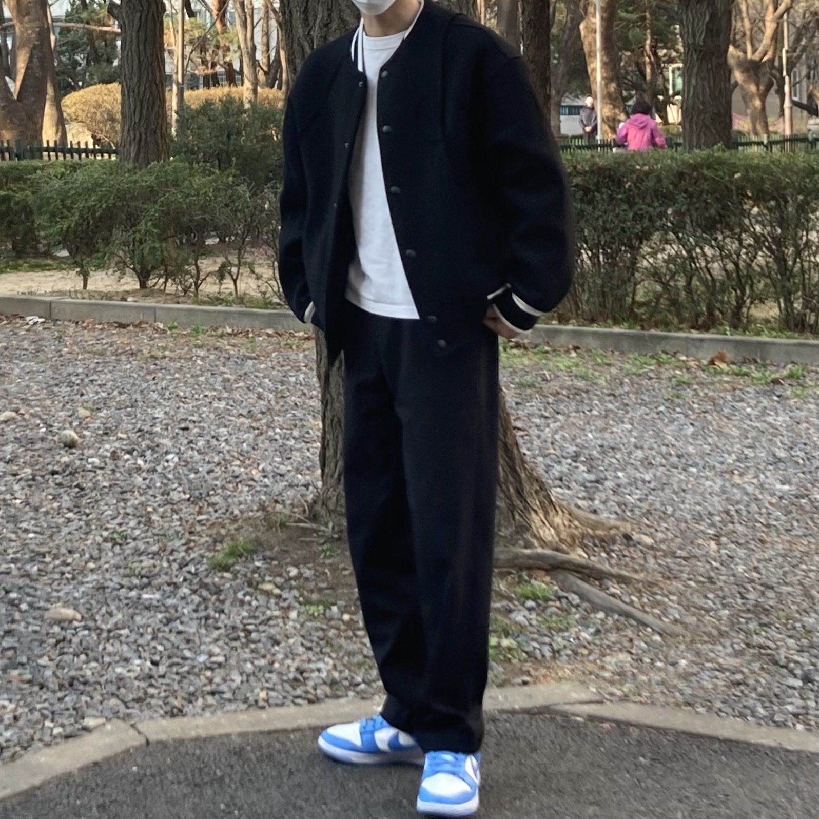Nike Dunk Low Retro University Blue, Zara x Ader Error Wool Blend Bomber Black 착용 스타일 - 2
