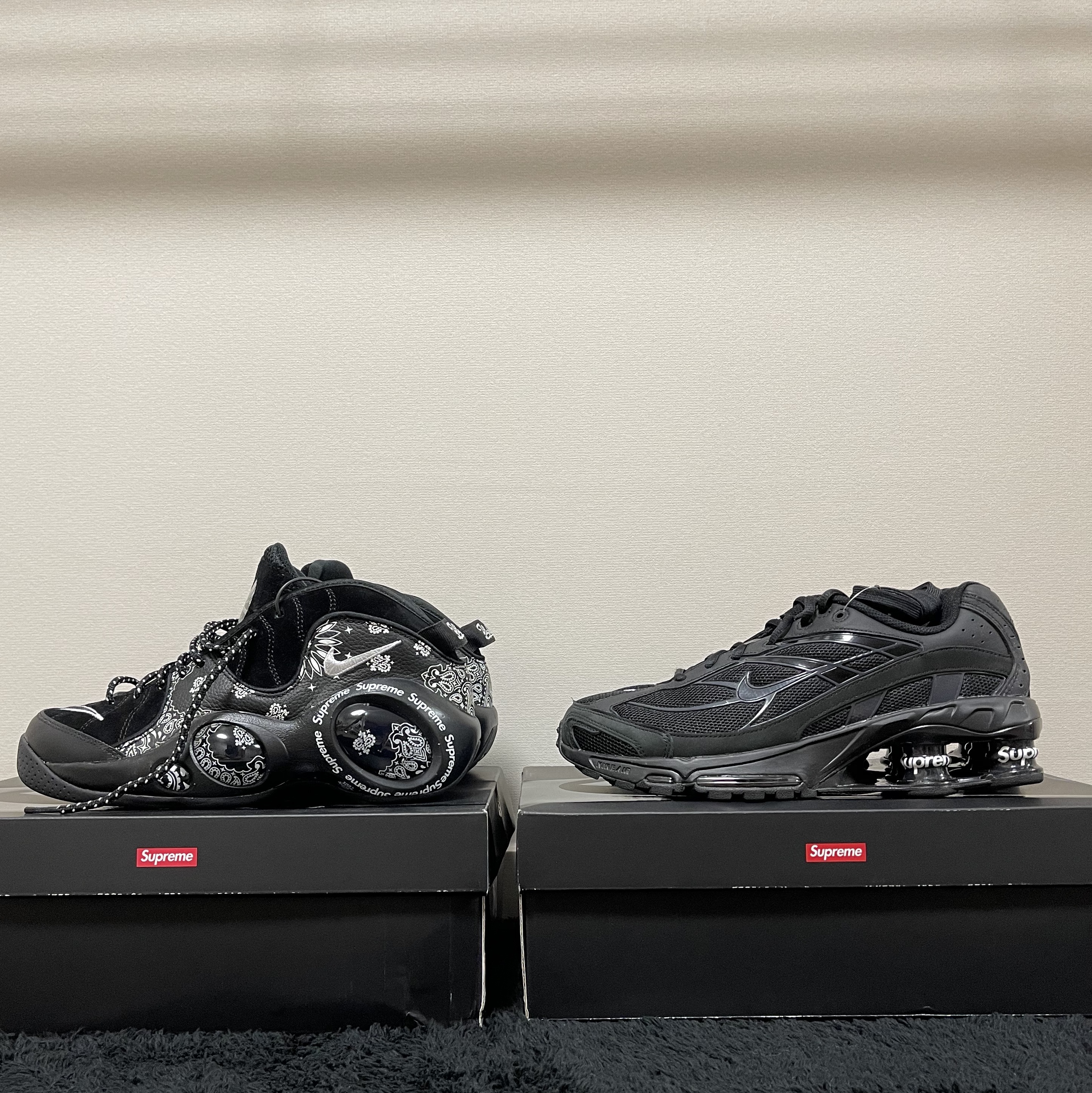 Nike x Supreme Shox Ride 2 SP Black, Nike x Supreme Air Zoom Flight 95 SP Black 착용 스타일