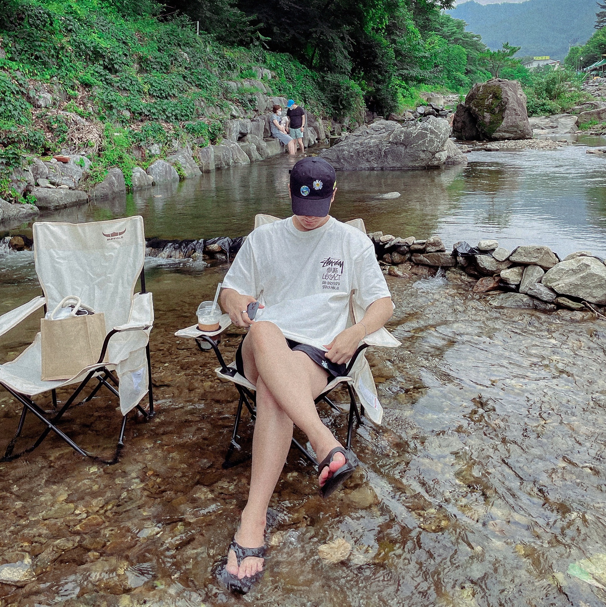 Stussy x Our Legacy Surfman 2 Pigment Dyed T-Shirt Natural, Stussy Stock Water Shorts Black 착용 스타일