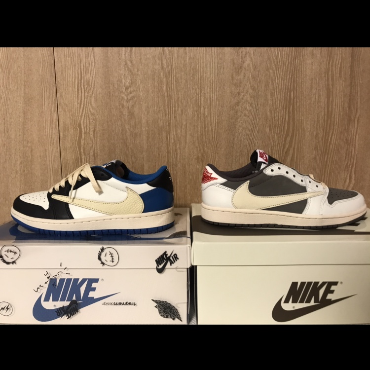 Jordan 1 x Travis Scott Retro Low OG SP Sail and Ridgerock, Jordan 1 x Travis Scott x Fragment Retro Low OG SP Military Blue 착용 스타일