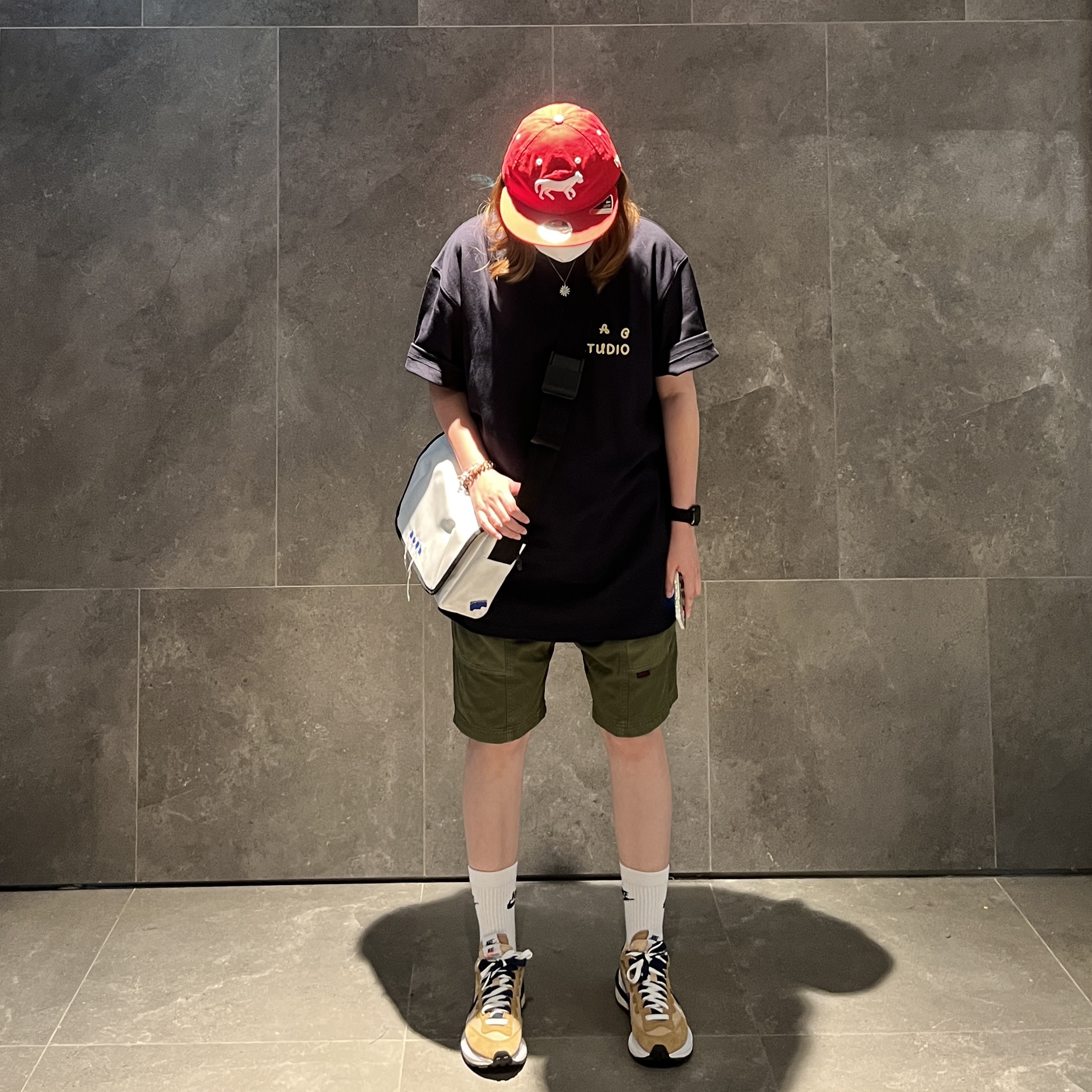 IAB Studio x Ottogi Mayonnaise 50th Anniversary T-Shirt Navy, Ader Error Trace Admore Crossbody Bag White 착용 스타일