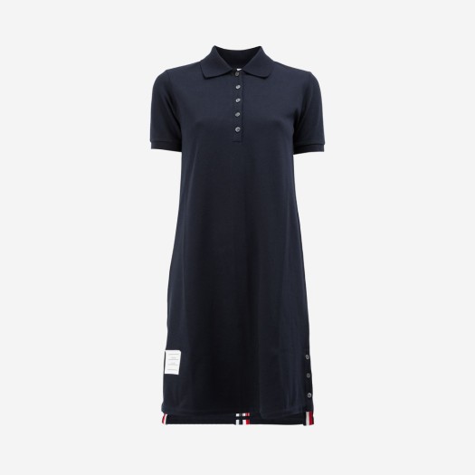 (W) 톰브라운 클래식 코튼 피케 센터 백 스트라이프 에이라인 숏슬리브 폴로 셔츠 드레스 네이비