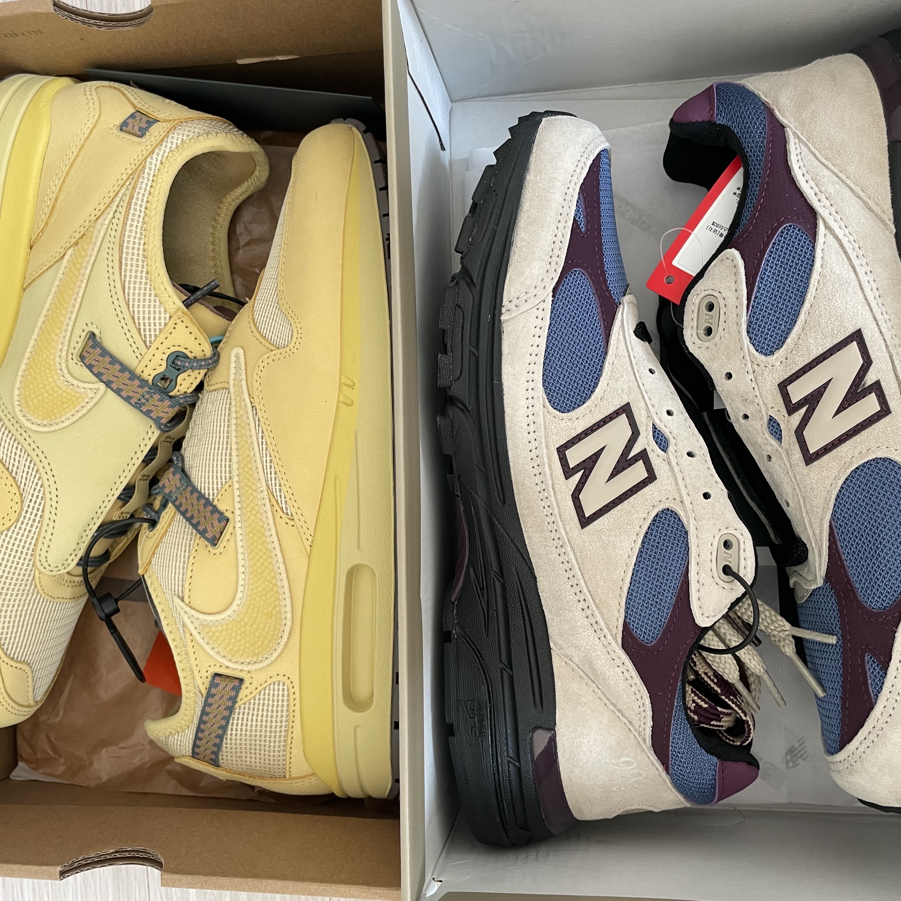 Nike x Travis Scott Air Max 1 Cact.us Gold, New Balance x Aime Leon Dore 993 Made in USA Taupe 착용 스타일 - 2