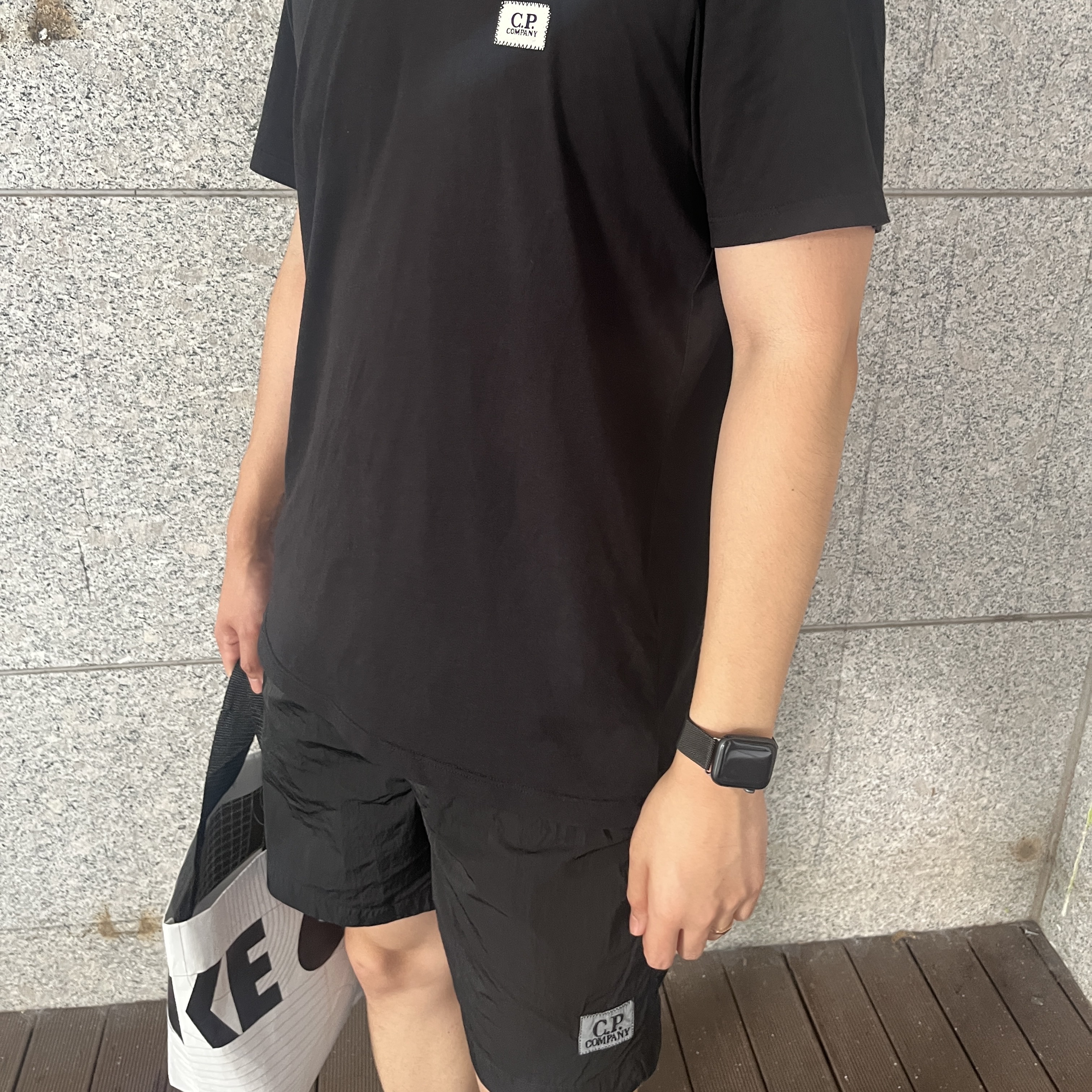 C.P. Company Logo Patch T-Shirt Black - 22SS, C.P. Company Chrome Swim Shorts Black 착용 스타일 - 3