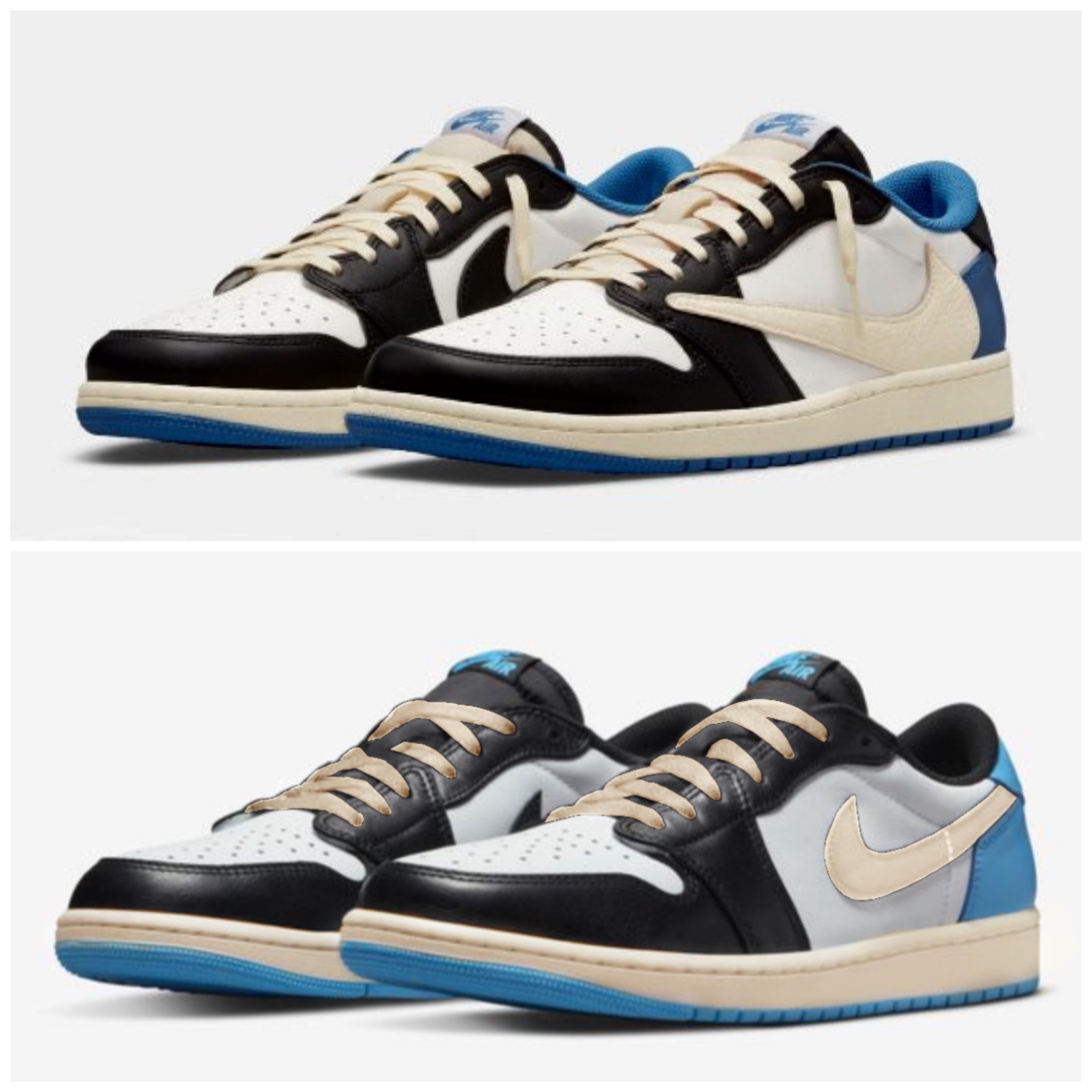 Jordan 1 Retro Low OG Black and Dark Powder Blue, Jordan 1 x Travis Scott x Fragment Retro Low OG SP Military Blue 착용 스타일 - 1