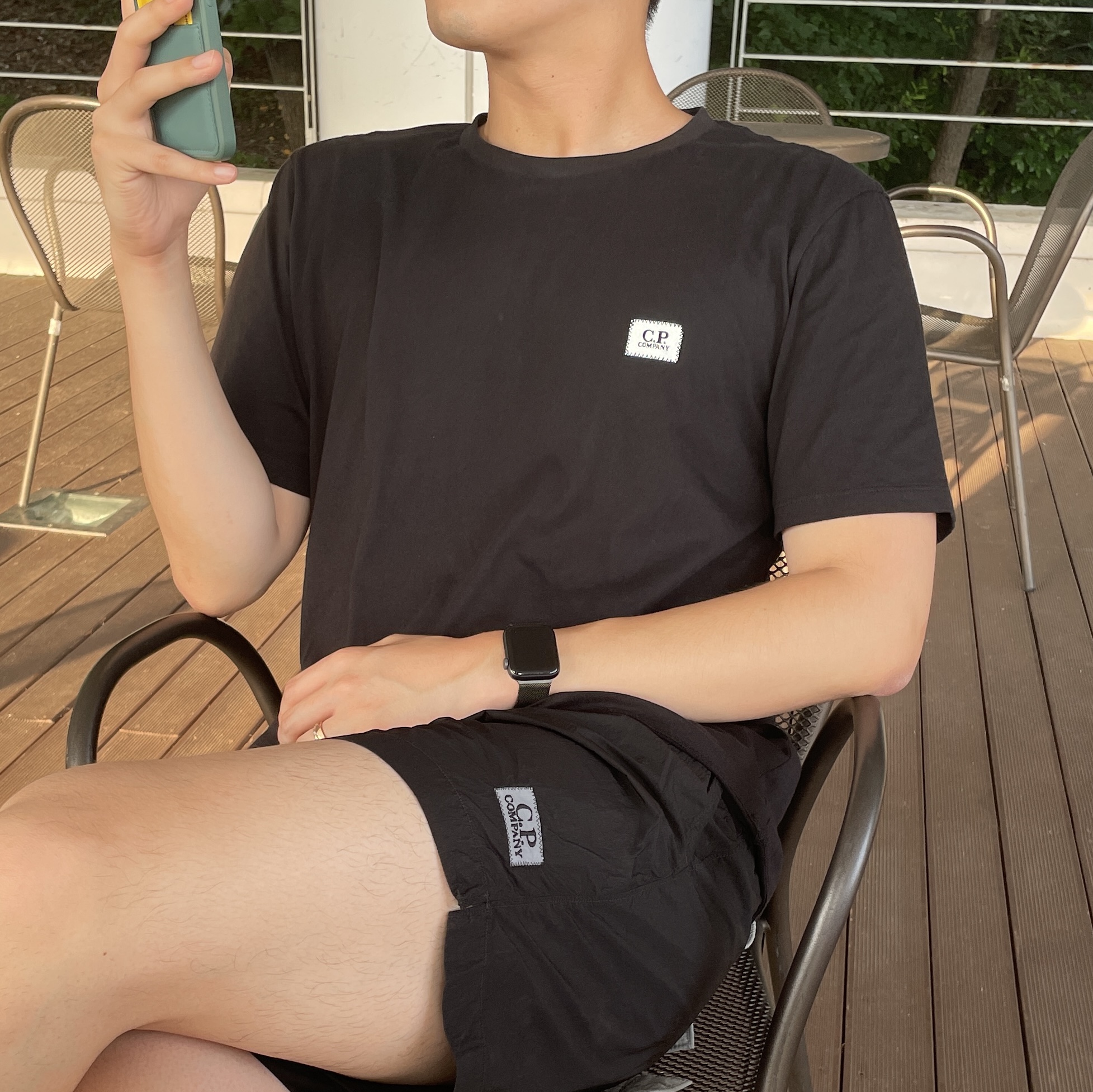 C.P. Company Logo Patch T-Shirt Black - 22SS, C.P. Company Chrome Swim Shorts Black 착용 스타일 - 2